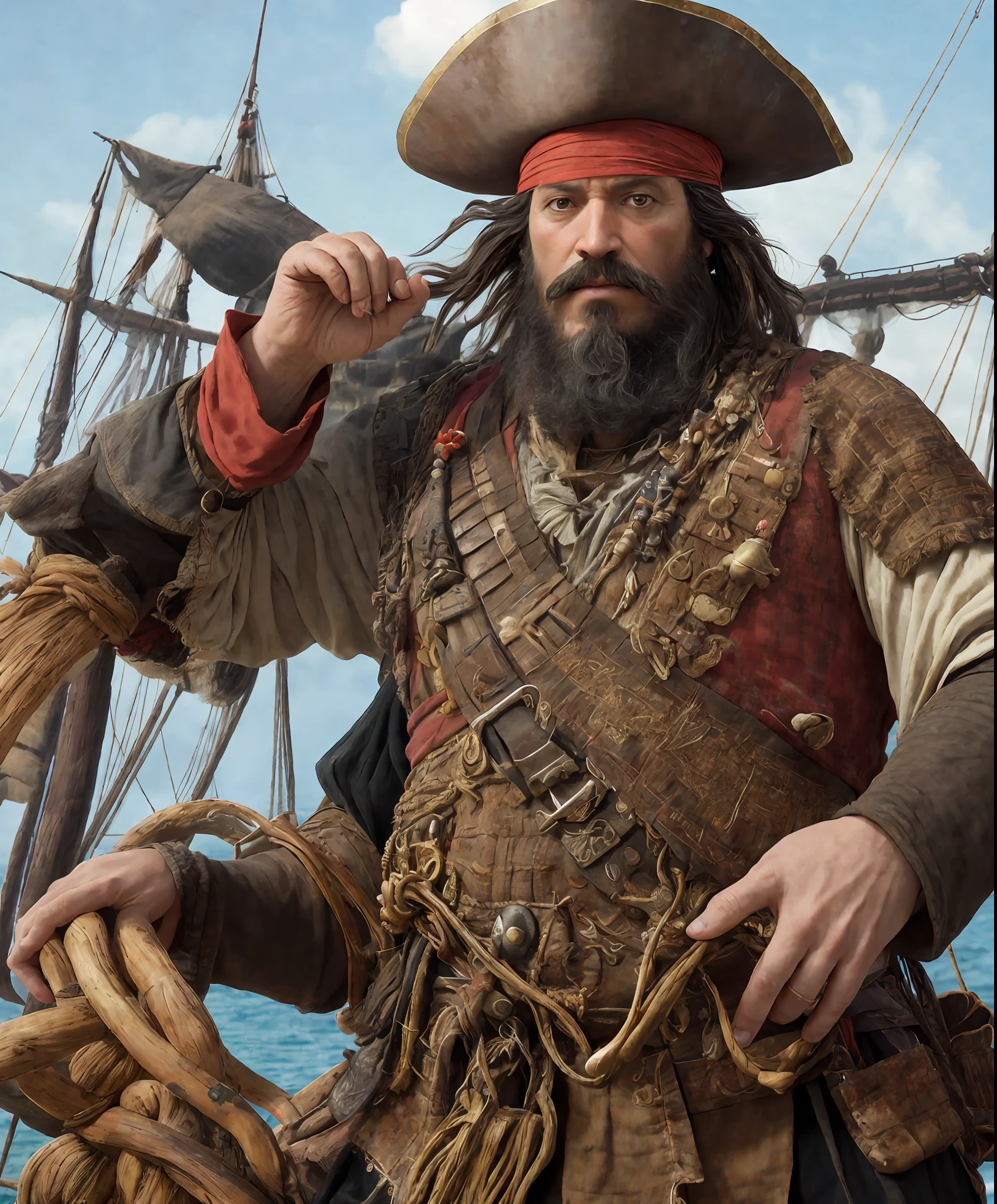 UHD film still from an award-winning documentary feature about the life of blackbeard the pirate, intricate detail, ultra sharp focus photography,