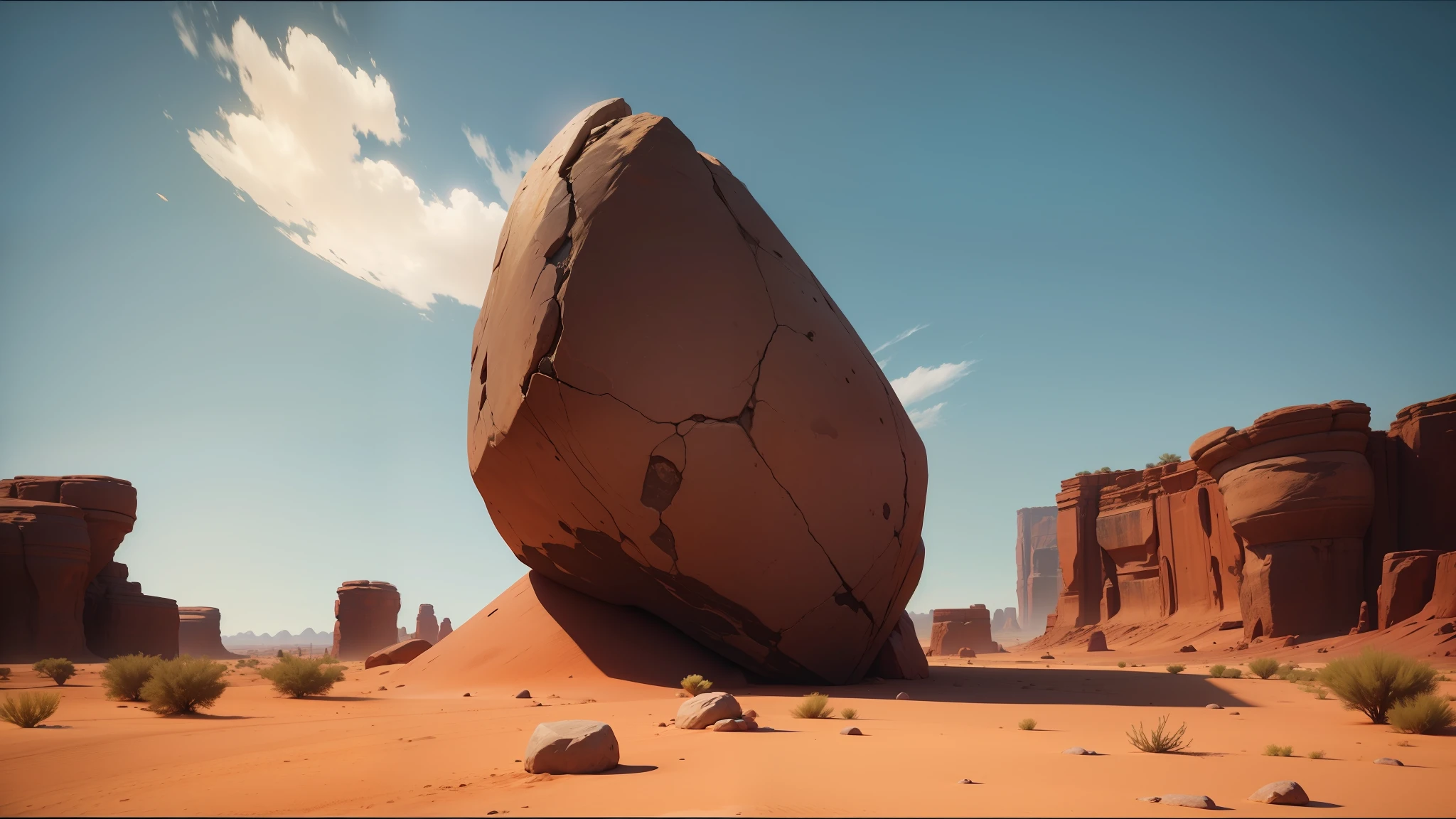 there is a large rock in the middle of a desert, holding a pair of fans. unreal 5, gameplay screenshot, alabama, videogame screenshot, life simulator game screenshot, madagascar, unnatural shapes, photo taken in 2018, by Andries Stock, in game screenshot, tumbleweed --auto --s2