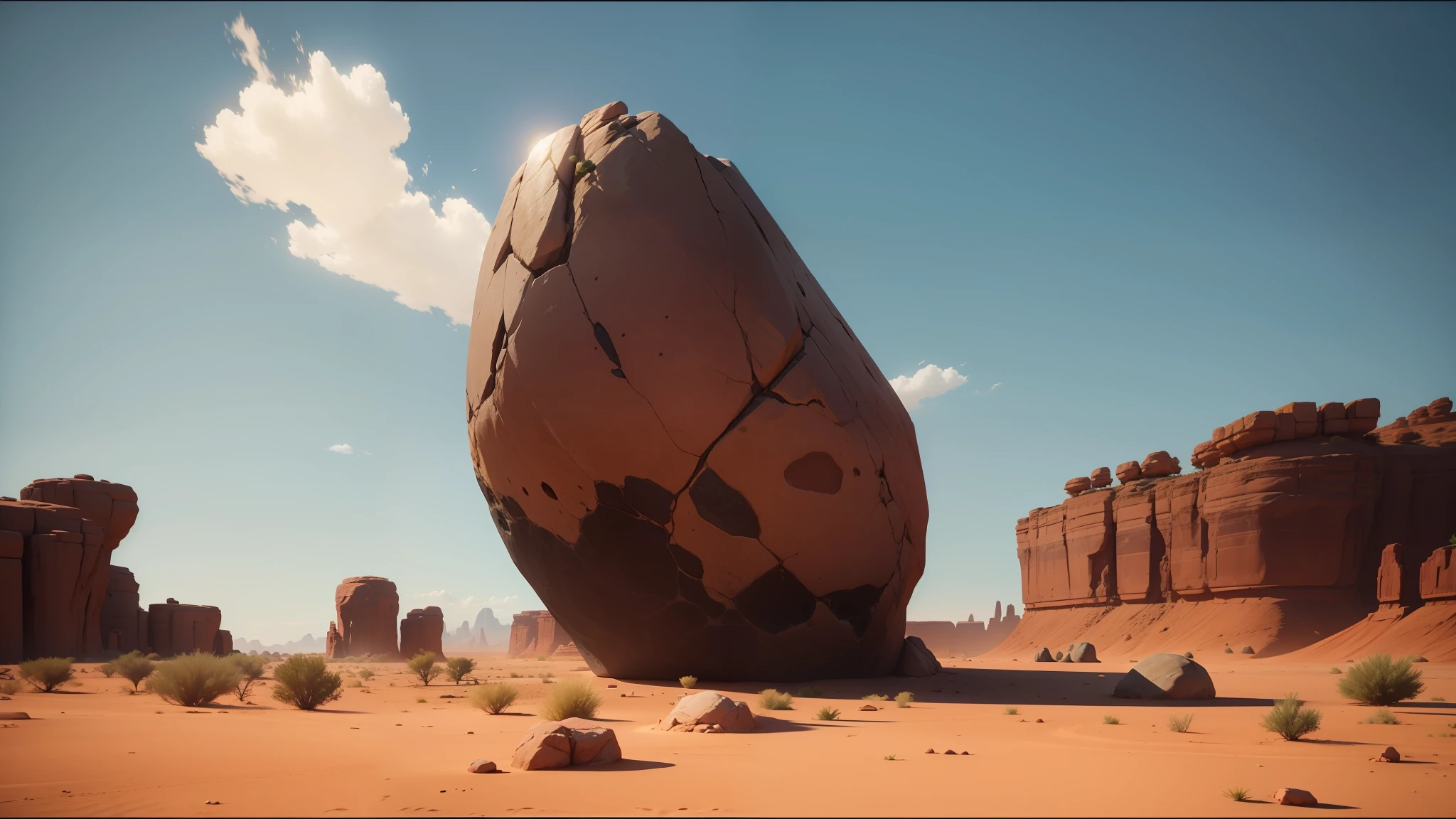 there is a large rock in the middle of a desert, holding a pair of fans. unreal 5, gameplay screenshot, alabama, videogame screenshot, life simulator game screenshot, madagascar, unnatural shapes, photo taken in 2018, by Andries Stock, in game screenshot, tumbleweed --auto --s2