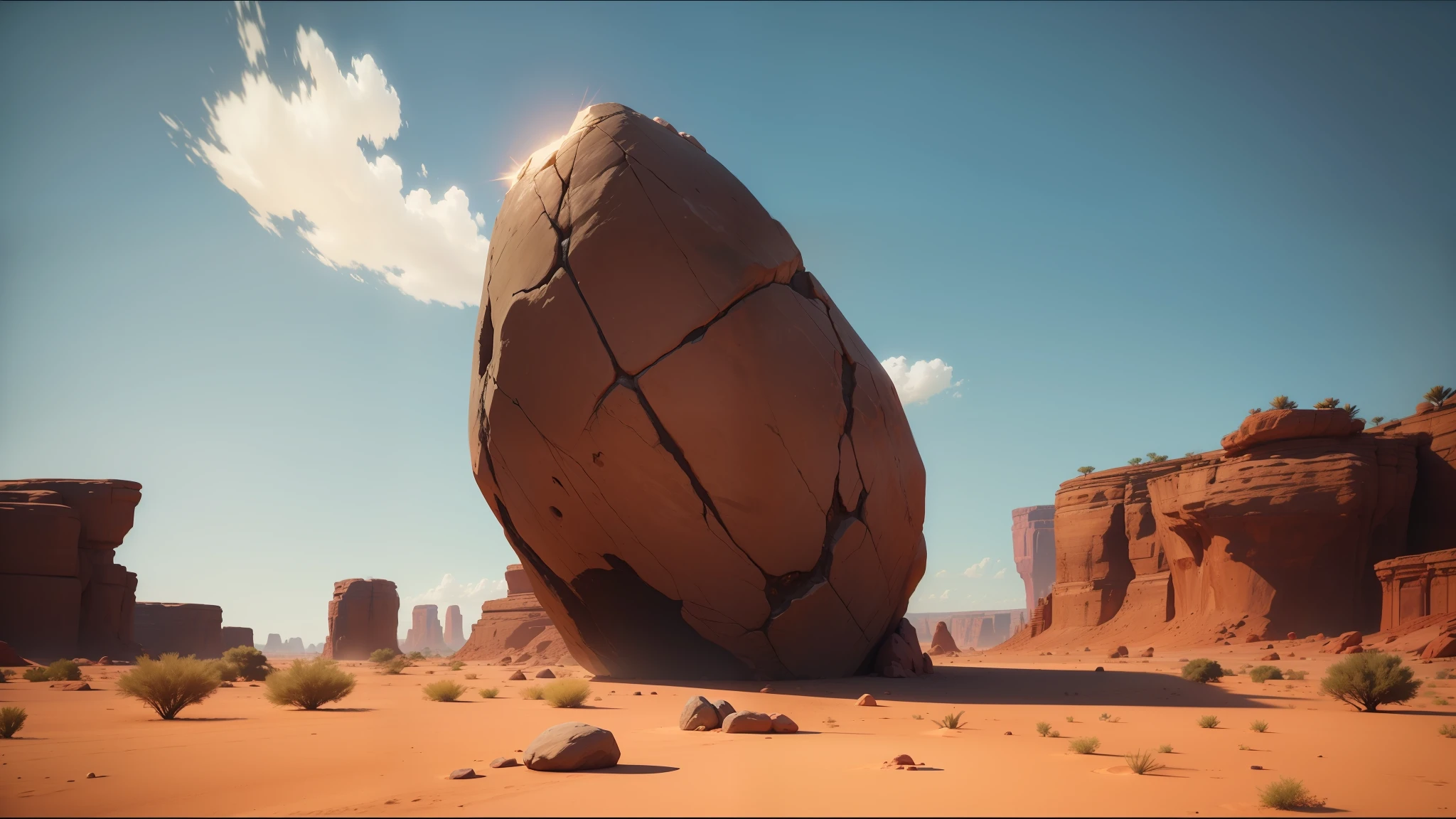 there is a large rock in the middle of a desert, holding a pair of fans. unreal 5, gameplay screenshot, alabama, videogame screenshot, life simulator game screenshot, madagascar, unnatural shapes, photo taken in 2018, by Andries Stock, in game screenshot, tumbleweed --auto --s2