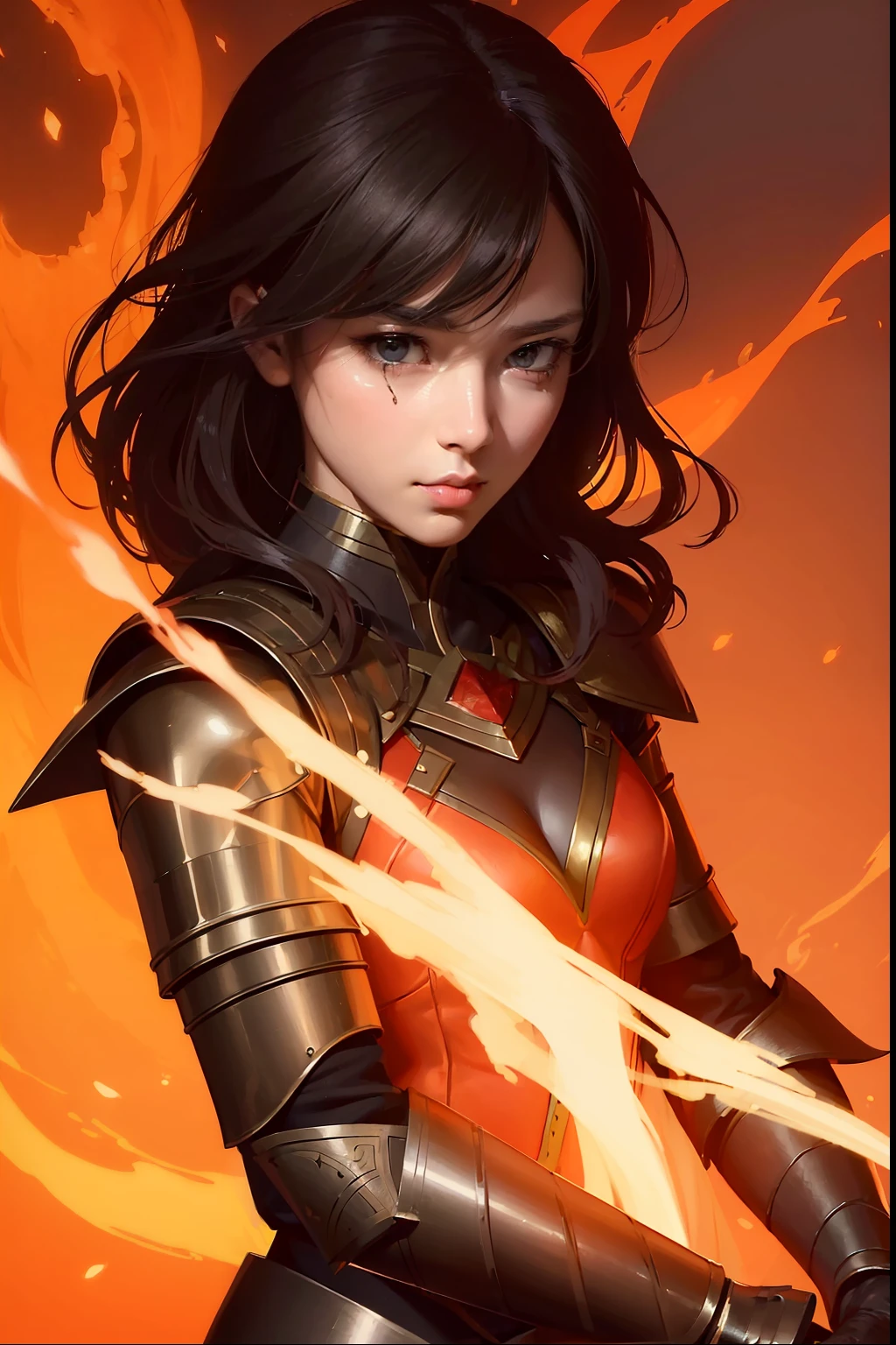 ((super fine illustration, 4k, Masterpiece :1.2, Sharp focus :1.2)), Beautiful swordswoman, jet-black armor, flame armor, cloak wrapped in flames, sword wrapped in flames, determination to overcome sorrow, tears in gentle eyes, strong soul