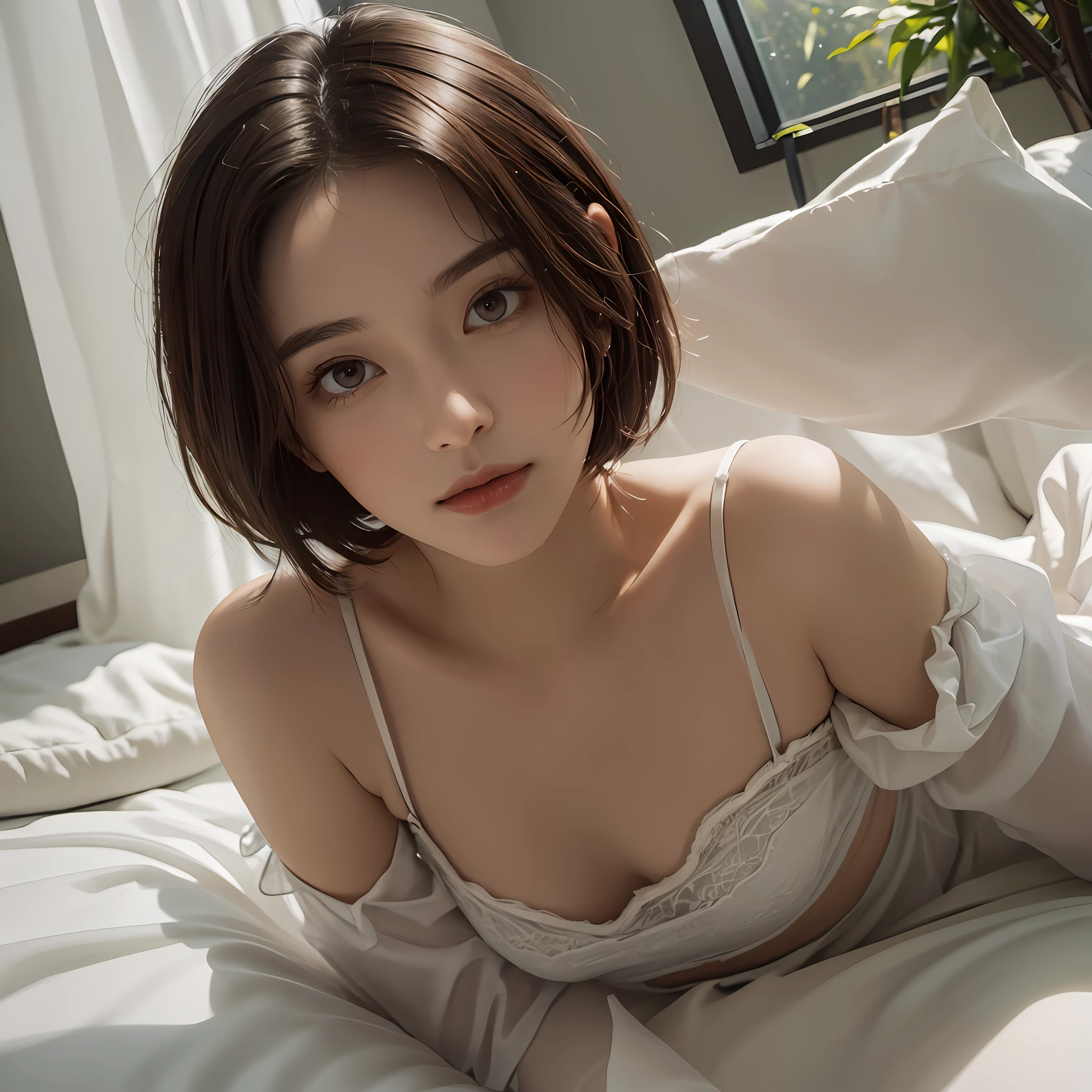 ((Soft Sunlight, 8K, Best Quality, Masterpiece: 1.3)), Clear Focus: 1.2, On a White Bed, Fair Skin, Medium Short Hair, Supine, Open Legs, Happy Face, 1,Girl, Cool Beauty, Slim Abs: 1.1, Super Fine Eyes, Perfect Body Beauty: 1.4, Gothic, Color Contacts, Double Eyelids, ((dark brown hair, Small and medium breasts: 1.3)), bewitching, whole body --auto --s2