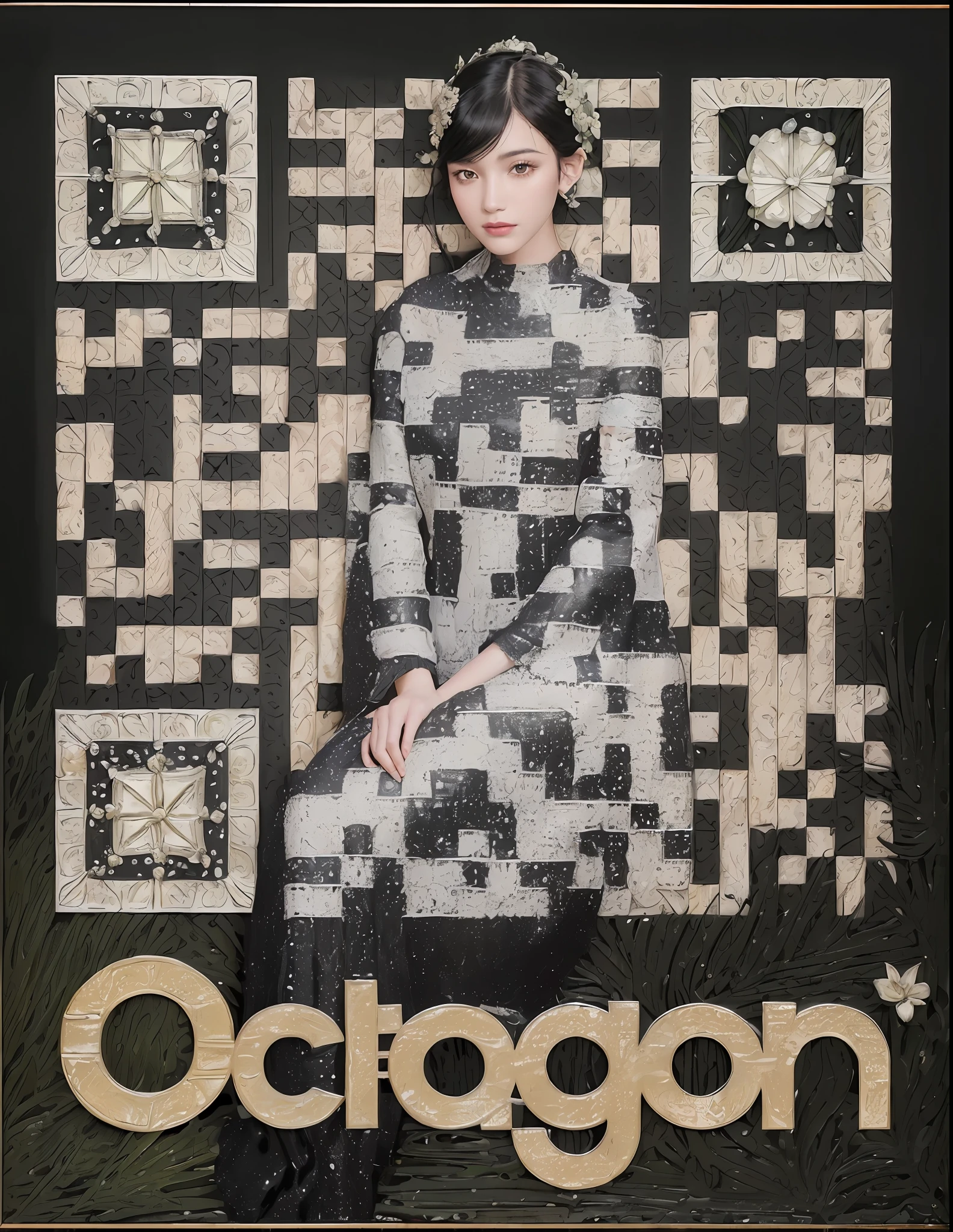 a beautiful girl, black hair, sitting on ground, (Botanical:1.5), (Highly detailed:1.2), (Natural light:1.2), (masterpiece, top quality, best, official art, beautiful and aesthetic:1.2), (masterpiece, top quality, official art, beautiful and aesthetic:1.2), art inspired by Architectural Digest, Vogue Living, and Elle Decor, 1girl, silver hair, (Photorealistic:1.3), best quality, UHD, award winning