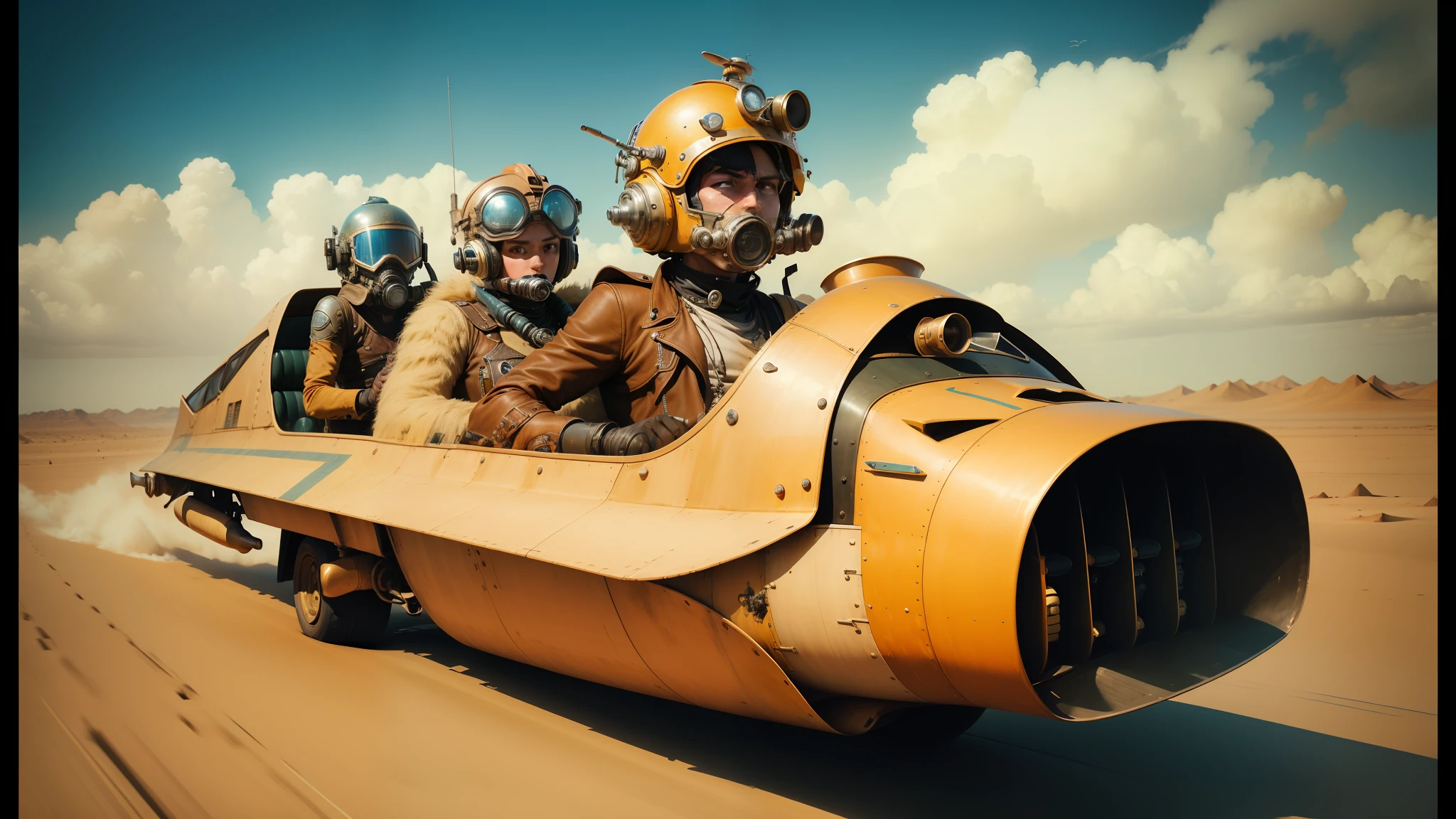 there are three people riding in a vehicle with a helmet on, steampunk desert background, subaquatic photography, still from a live action movie, speedy aircraft, by Vladimír Vašíček, subnautica, transport design, exotic costumes, hydropunk --ar 16:9 --auto --s2