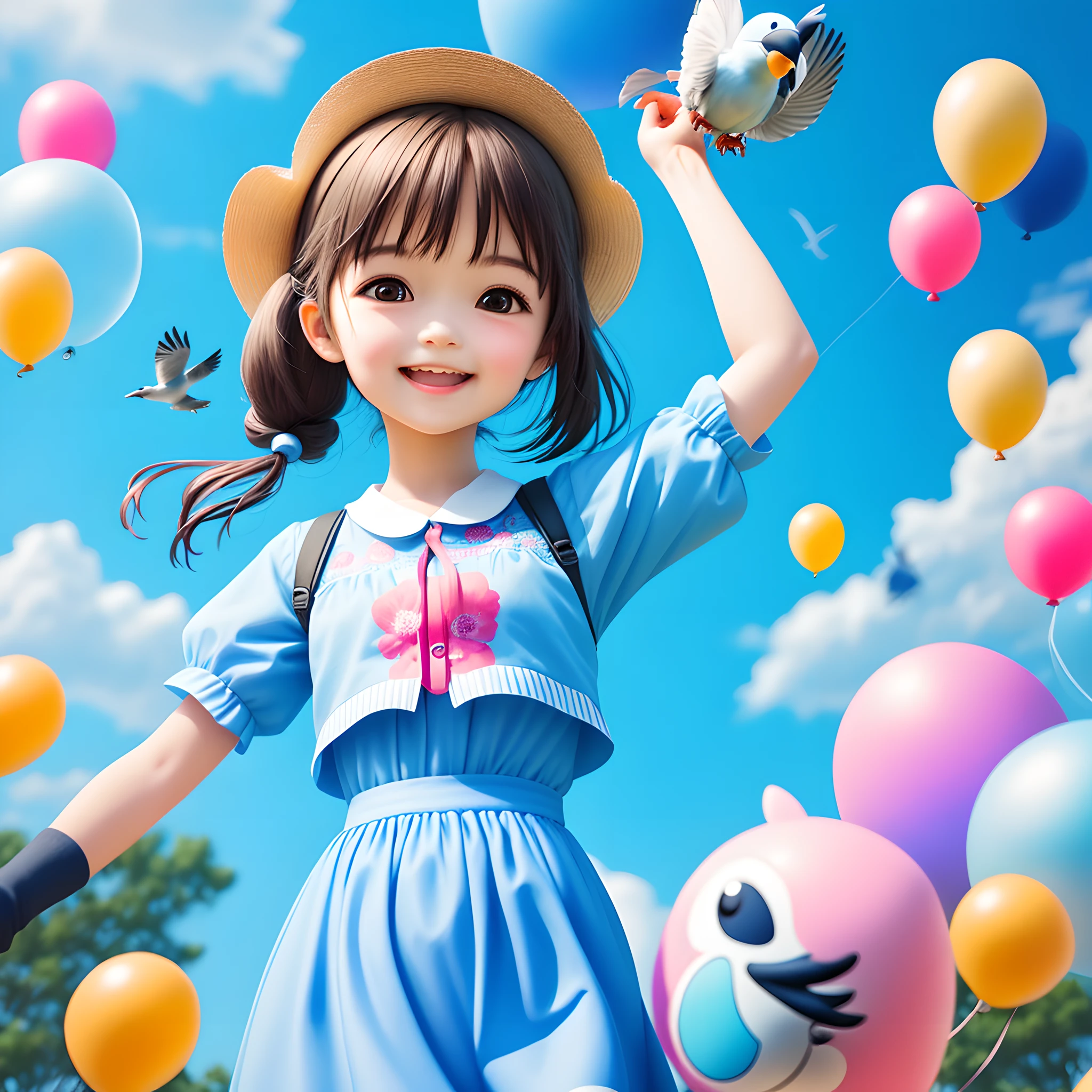 figure，girl with blue sky, zoo，pigeon, many balloons, happy, happy, perfect quality, clear focus, happy，detail face，pop mart style art