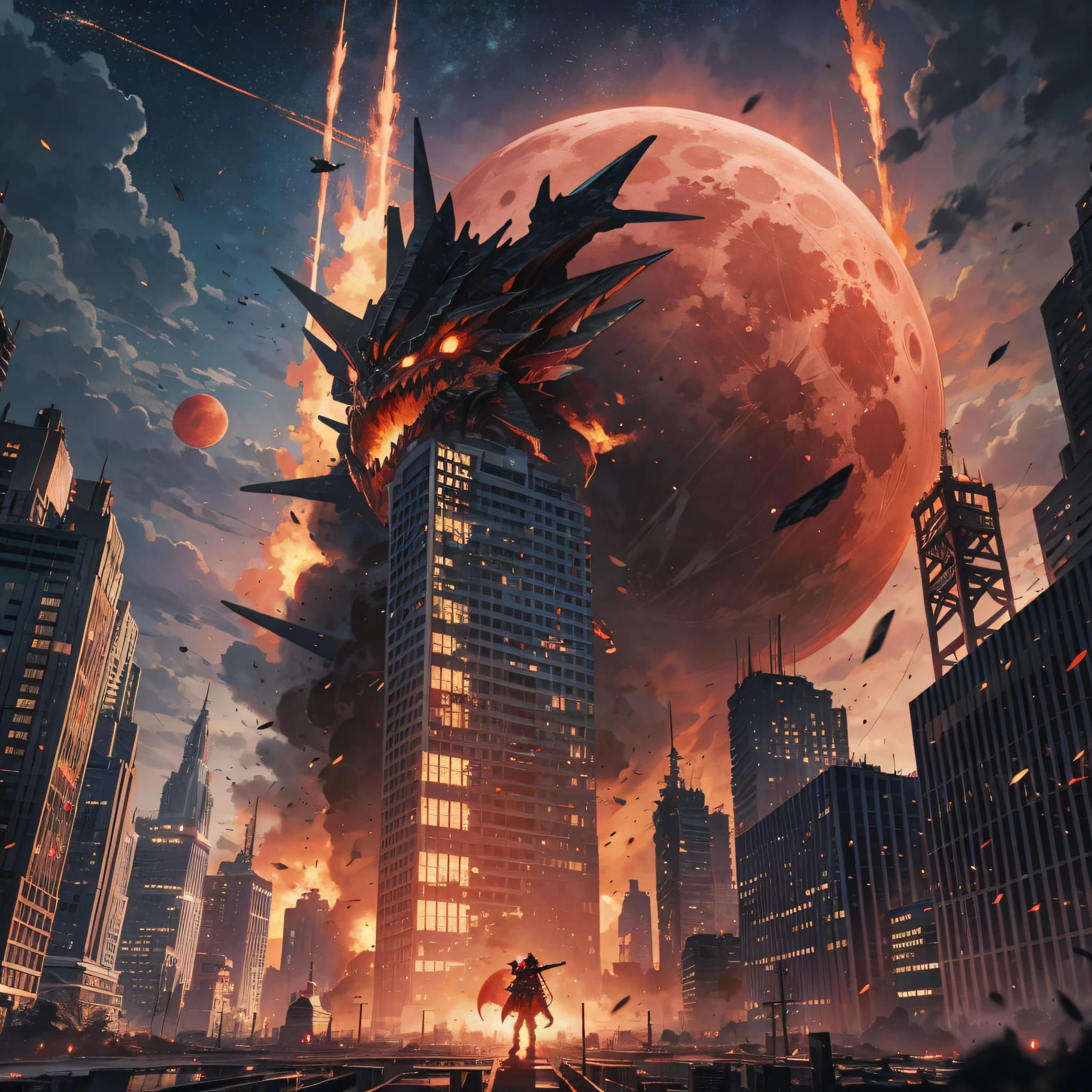 Blood moon, city, huge monsters in the destruction of city tall buildings, fighter bombardment monsters, fire, explosions