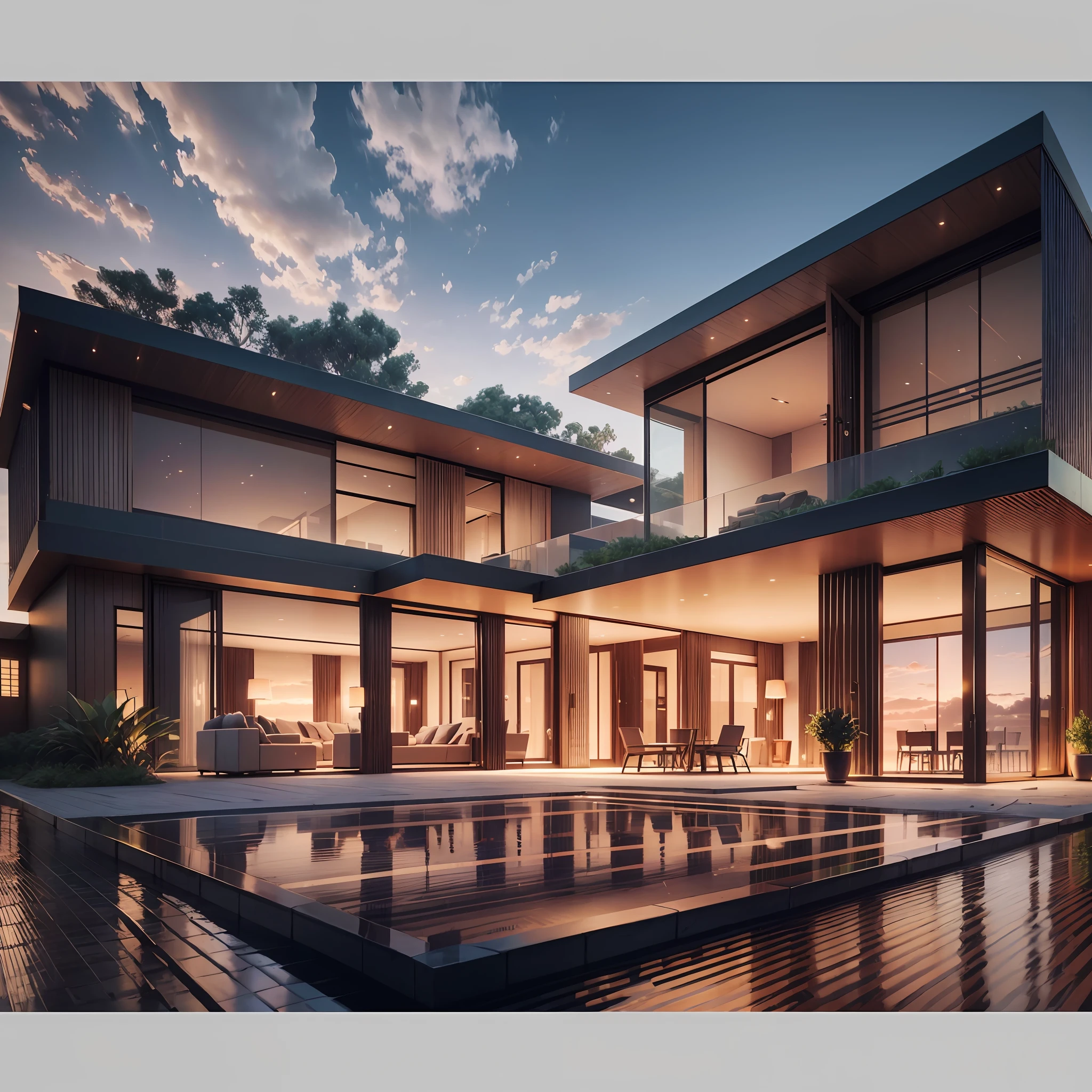 3D model HD rendering, building rendering, high detail, 85mm, f1.8, portrait, photo-realistic, hyperrealistic, orante, super detailed, intricate, dramatic, sunset lighting, shadows, high dynamic range, luxury modern house, villa, Lumion 12 rendering --auto --s2