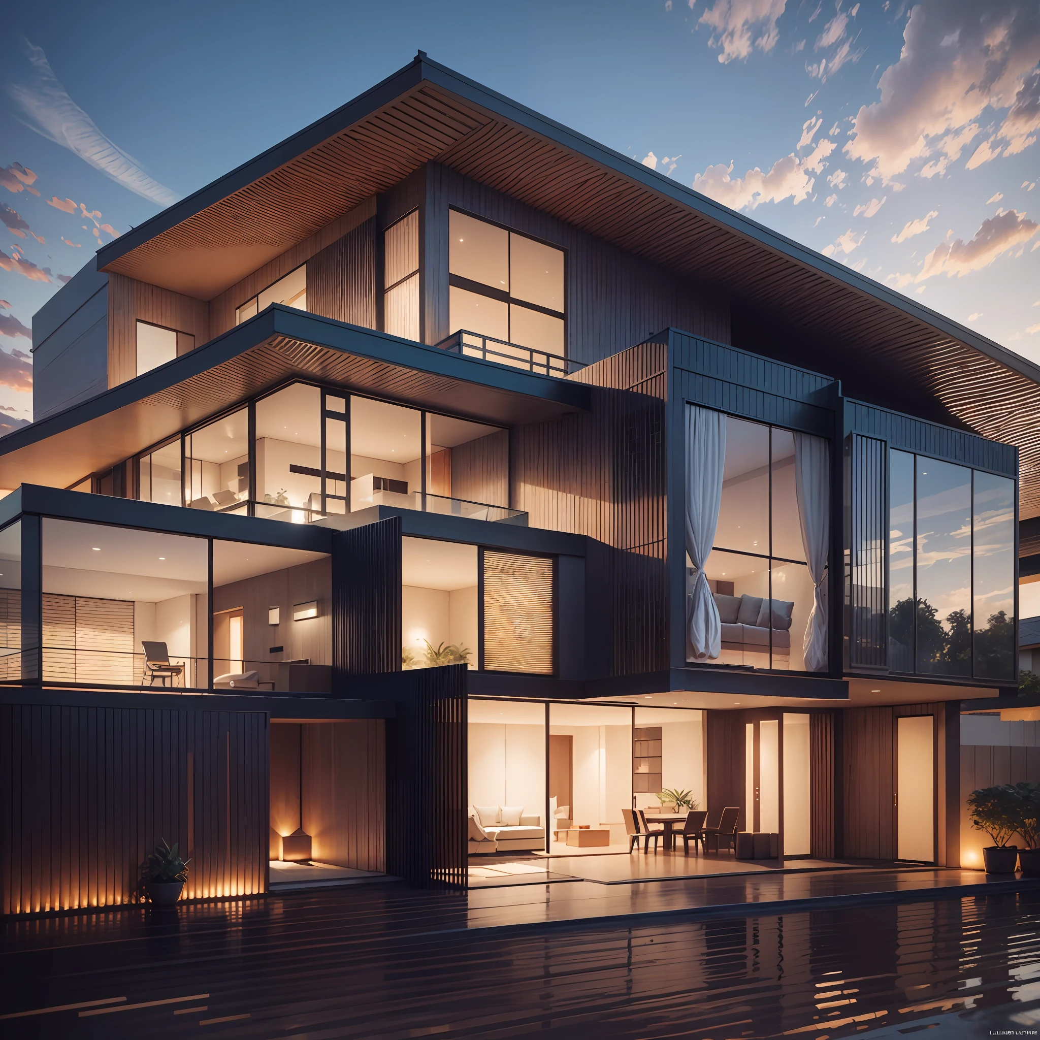 3D model HD rendering, building rendering, high detail, 85mm, f1.8, portrait, photo-realistic, hyperrealistic, orante, super detailed, intricate, dramatic, sunset lighting, shadows, high dynamic range, luxury modern house, villa,  Lumion 12 rendering --auto --s2
