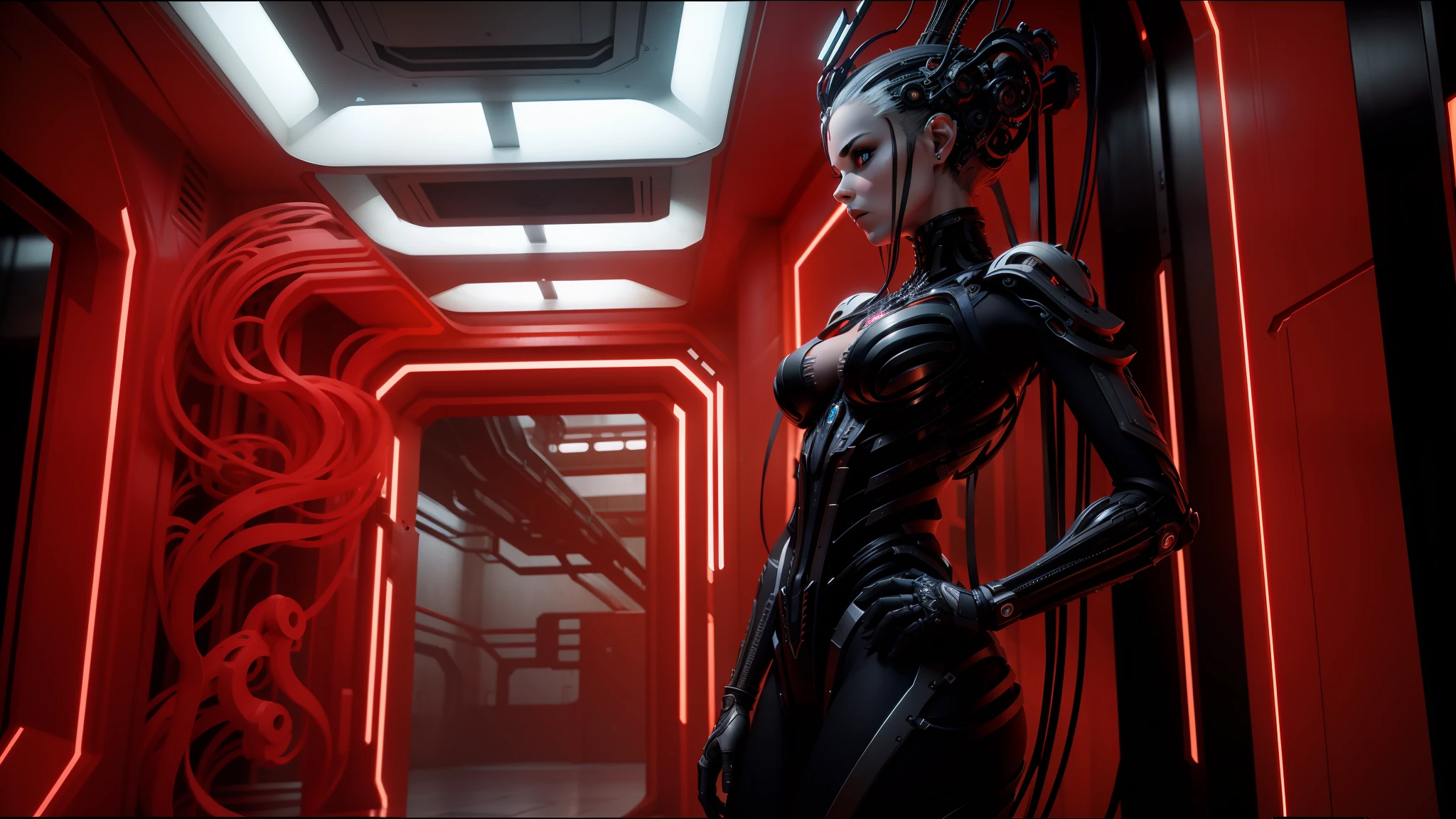 there is a woman with a head made of wires and scissors, white biomechanical details, hyperdetailed 3 d matte painting, beautiful android woman, syndicate(2012), movie screenshot, terminals, cycles render engine, black and white matte painting --ar 16:9 --auto --s2
