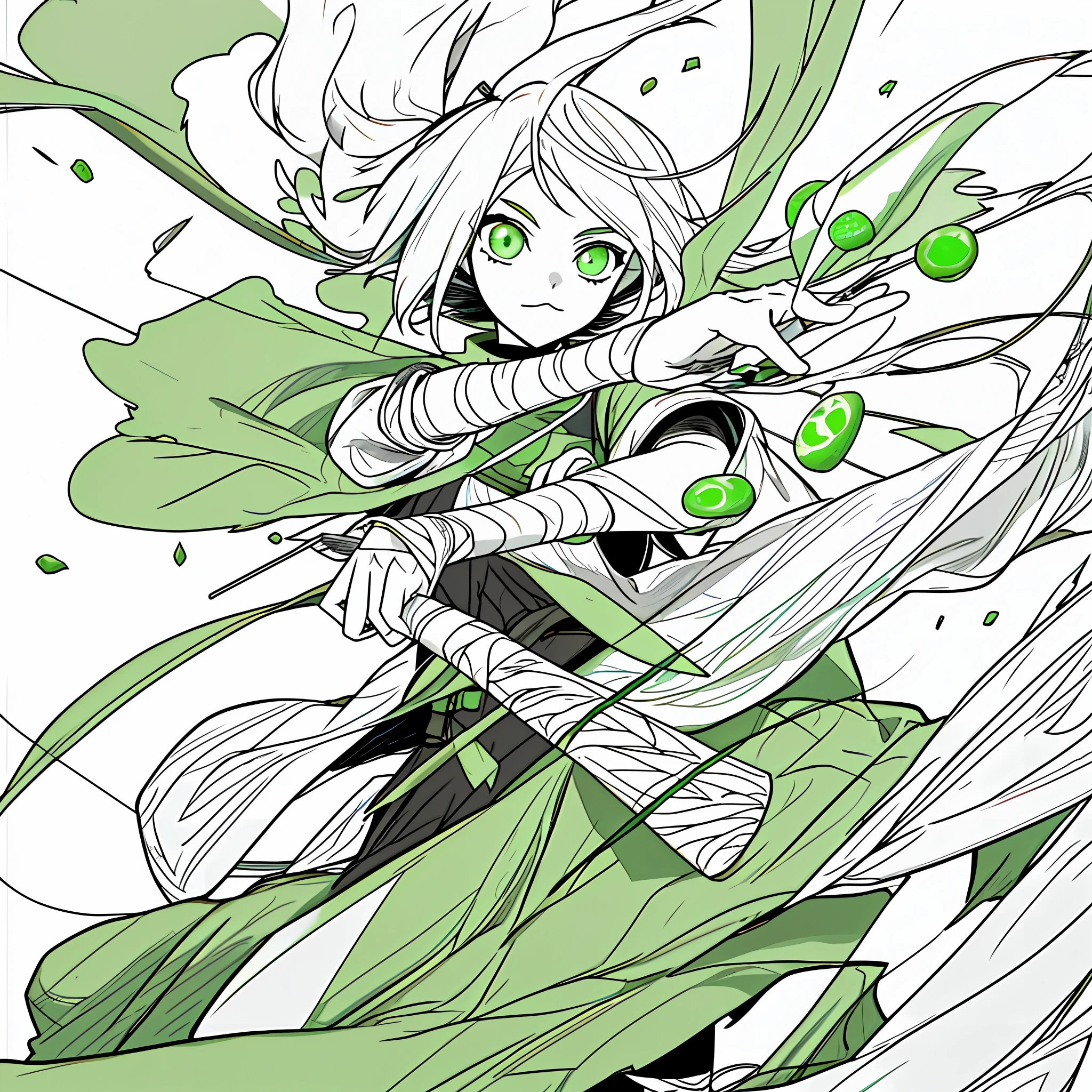 1girl with bandage on hand holding a green candy using a black and white style.