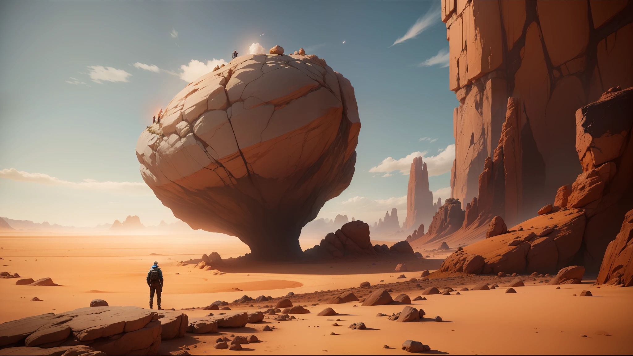 there is a man standing in front of a huge rock in the desert, unreal engine 5 », inspired by Storm Thorgerson, by Daren Bader, gameplay screenshot, still from the movie the arrival, floating magical rocks, disco elysium style, enclosed in rock --auto --s2