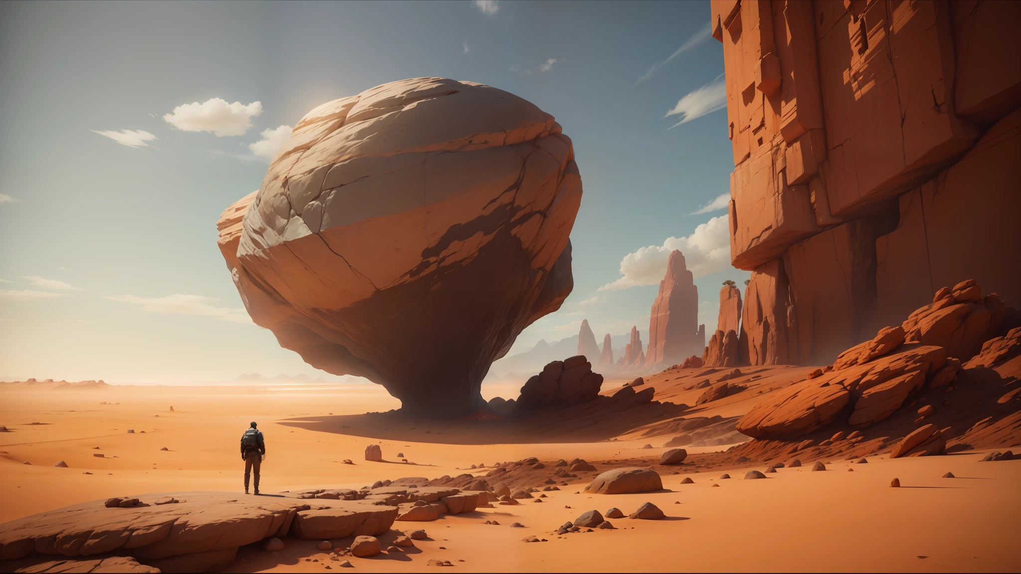 there is a man standing in front of a huge rock in the desert, unreal engine 5 », inspired by Storm Thorgerson, by Daren Bader, gameplay screenshot, still from the movie the arrival, floating magical rocks, disco elysium style, enclosed in rock --auto --s2