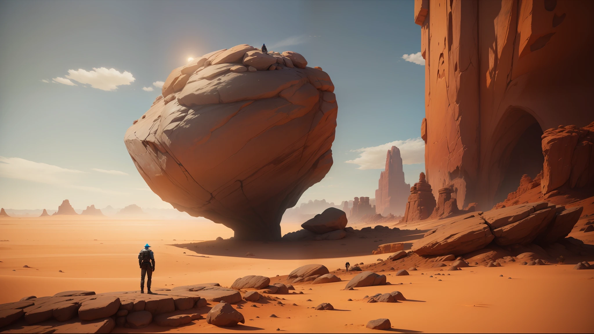 there is a man standing in front of a huge rock in the desert, unreal engine 5 », inspired by Storm Thorgerson, by Daren Bader, gameplay screenshot, still from the movie the arrival, floating magical rocks, disco elysium style, enclosed in rock --auto --s2