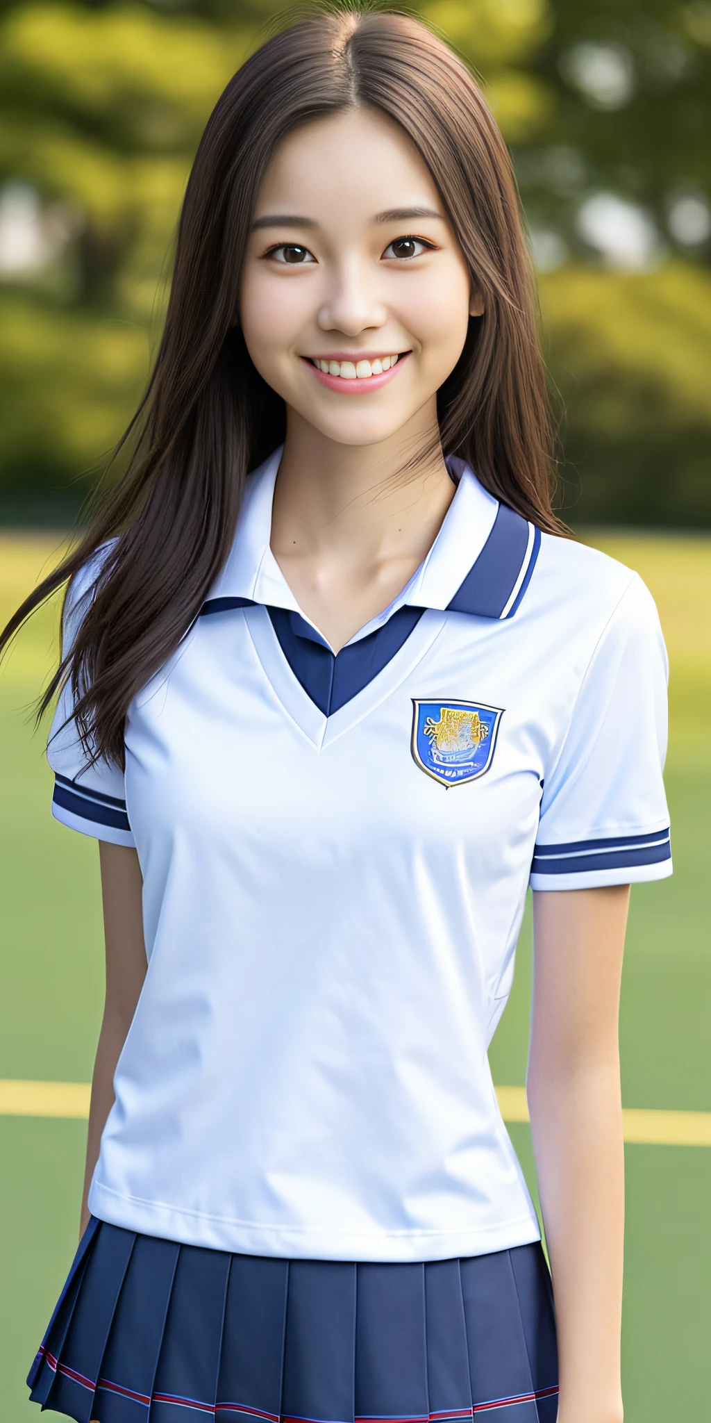 neat college girl, ite, (school uniform, summer clothes, short sleeves), outside the athletic field, (slim), photorealistic, detail, skin texture, ultra detail, delicate and sexy collarbone, smile, super detailed face, detailed lips, detailed eyes, breast emphasis