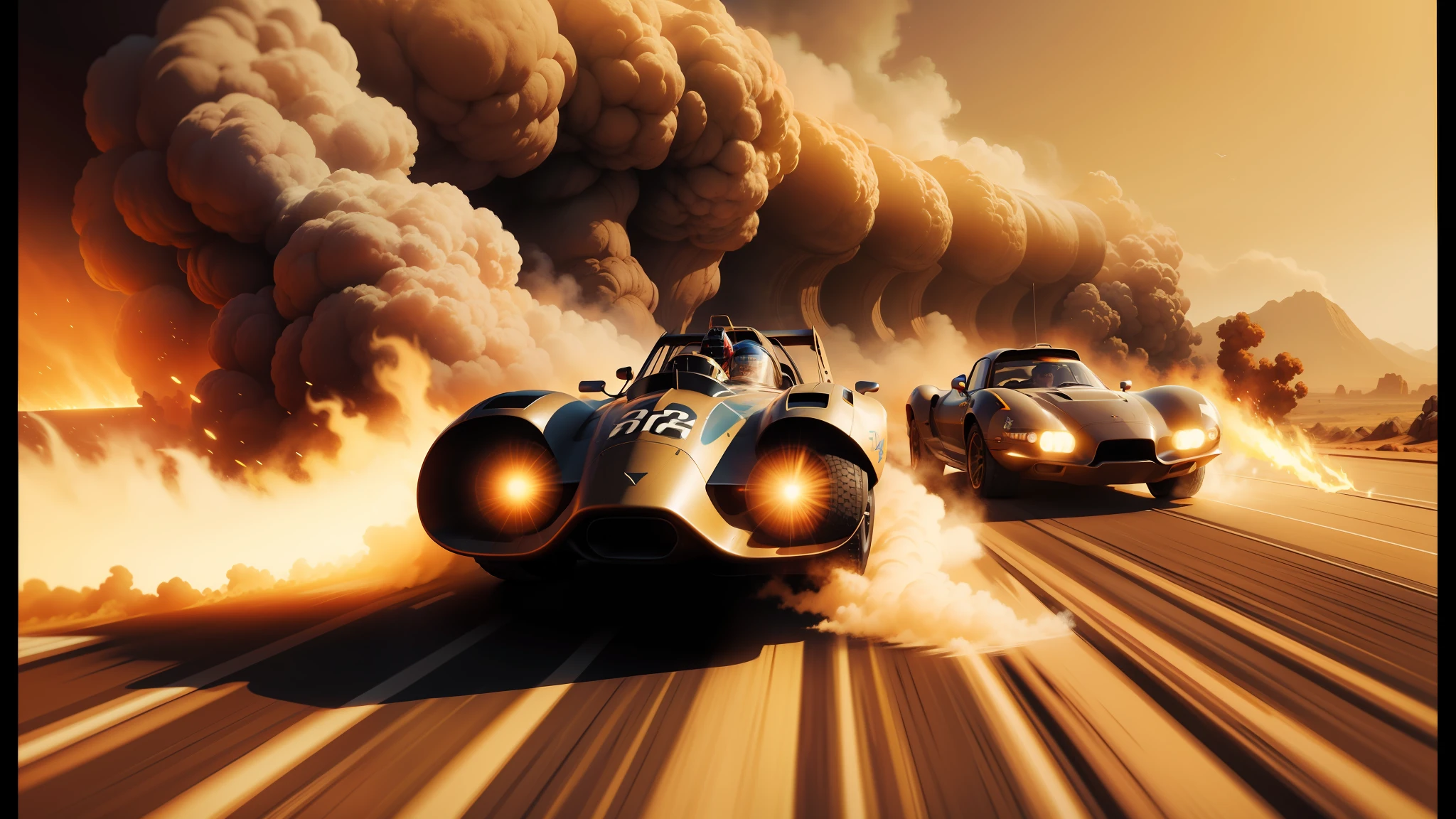there are two cars that are racing on a track with smoke coming out of them, film still from movie dune-2021, boris vallejo and ilya kuvshinov, style = retro-futurism, thunderbolt, the incal, widescreen 4 k, by Werner Tübke, super 8mm, pixar rendering --ar 16:9 --auto --s2