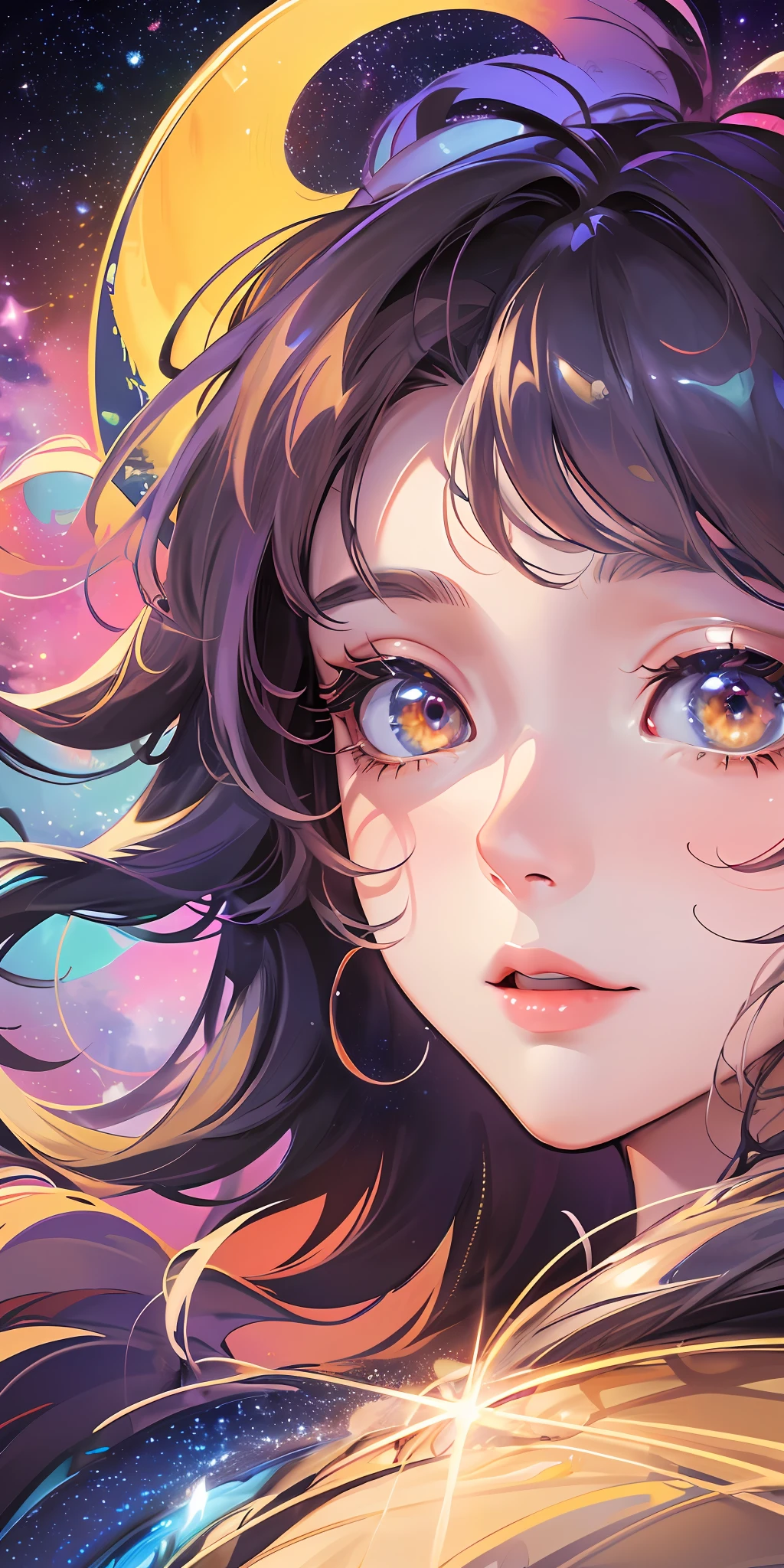 High detail, super detail, super high resolution, girl enjoying her time in the dream galaxy, surrounded by stars, warm light sprinkled on her, background is starry sky with colorful galaxies and galaxy clouds, stars flying around her, delicate face, adding playful atmosphere , --v6