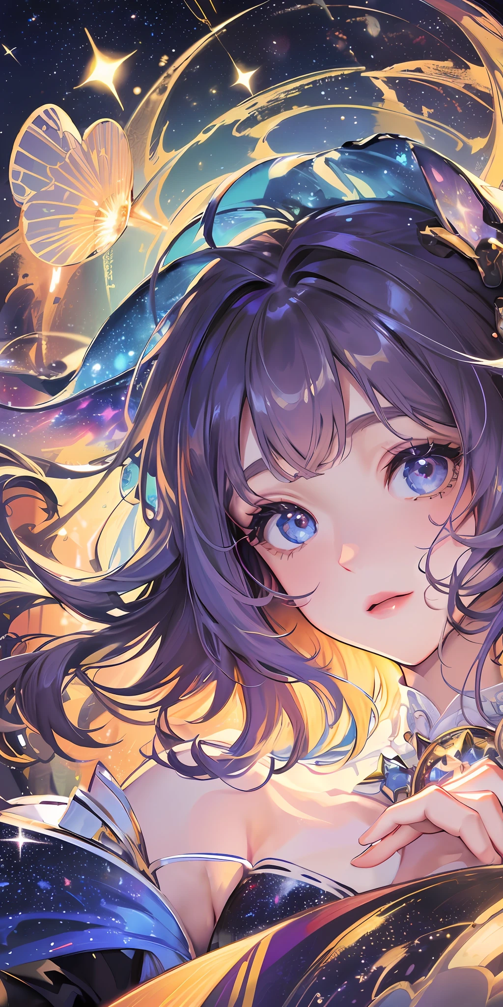 High detail, super detail, super high resolution, girl enjoying her time in the dream galaxy, surrounded by stars, warm light sprinkled on her, background is starry sky with colorful galaxies and galaxy clouds, stars flying around her, delicate face, adding playful atmosphere , --v6