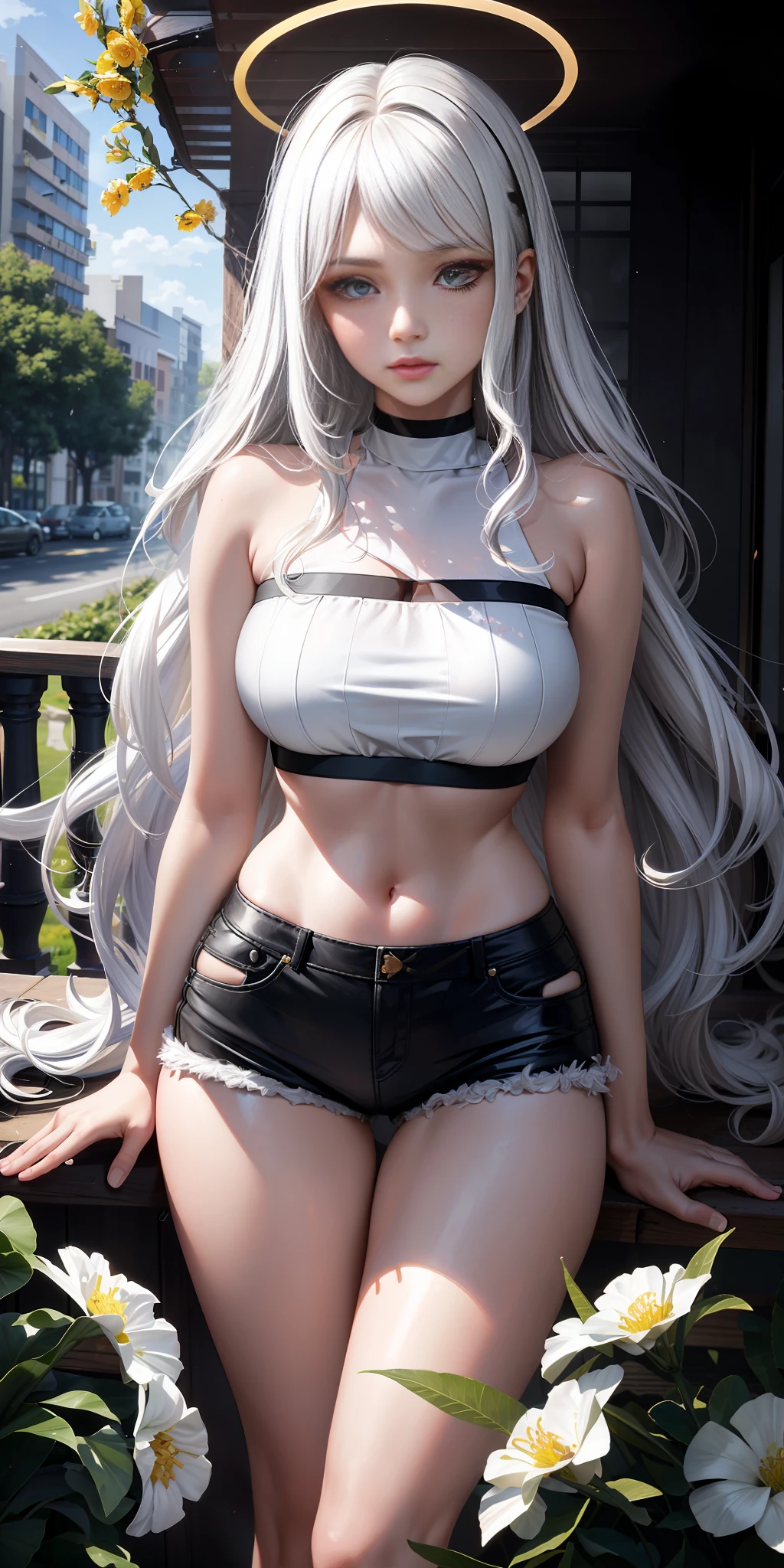 Realistic, white hair, black, parted lips, blush, flowers, sun, sunlight, (masterpiece, realistic, high resolution), ((1 girl): 1.2), (white wavy long hair): 1.3), (bandeau crop top short shirt, super short tight hot pants), ((big breasts): 1.5, thin waist: 1.2, long legs: 1.5, fair and moist skin, showing half of the ass), halo, flower rain, tranquility park,