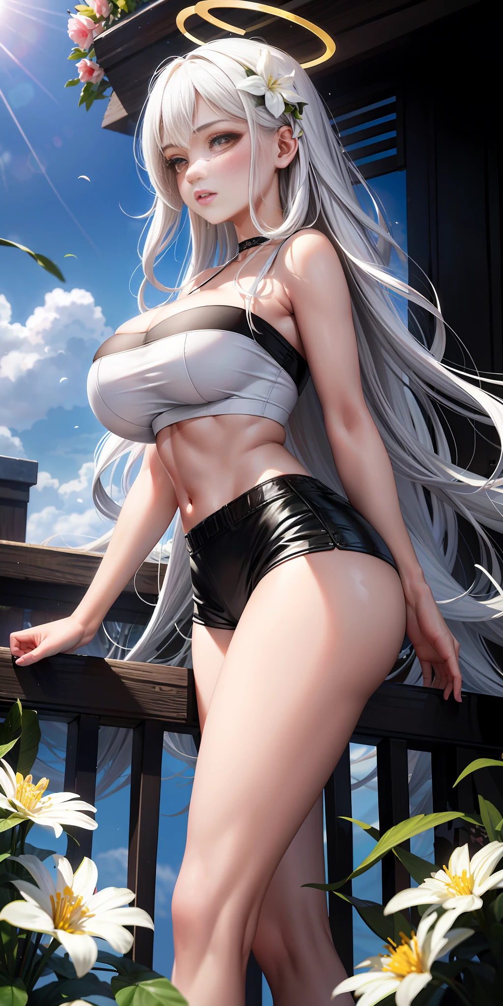 Realistic, white hair, black, parted lips, blush, flowers, sun, sunlight, (masterpiece, realistic, high resolution), ((1 girl): 1.2), (white wavy long hair): 1.3), (bandeau crop top short shirt, super short tight hot pants), ((big breasts): 1.5, thin waist: 1.2, long legs: 1.5, fair and moist skin, showing half of the ass), halo, flower rain, tranquility park,
