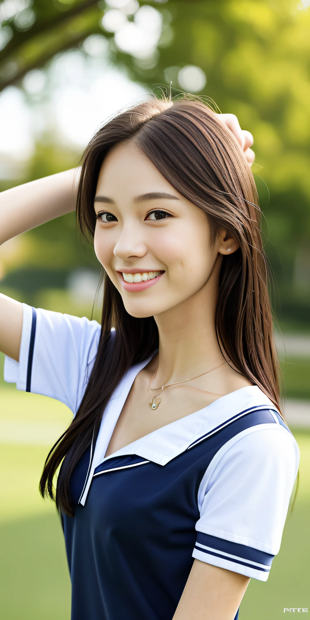 neat college girl, petite, (school uniform, summer clothes, short sleeves), outside the athletic field, (slim), photorealistic, detail, skin texture, ultra detail, delicate and sexy collarbone, smile, super detailed face, detailed lips, detailed eyes, breast emphasis