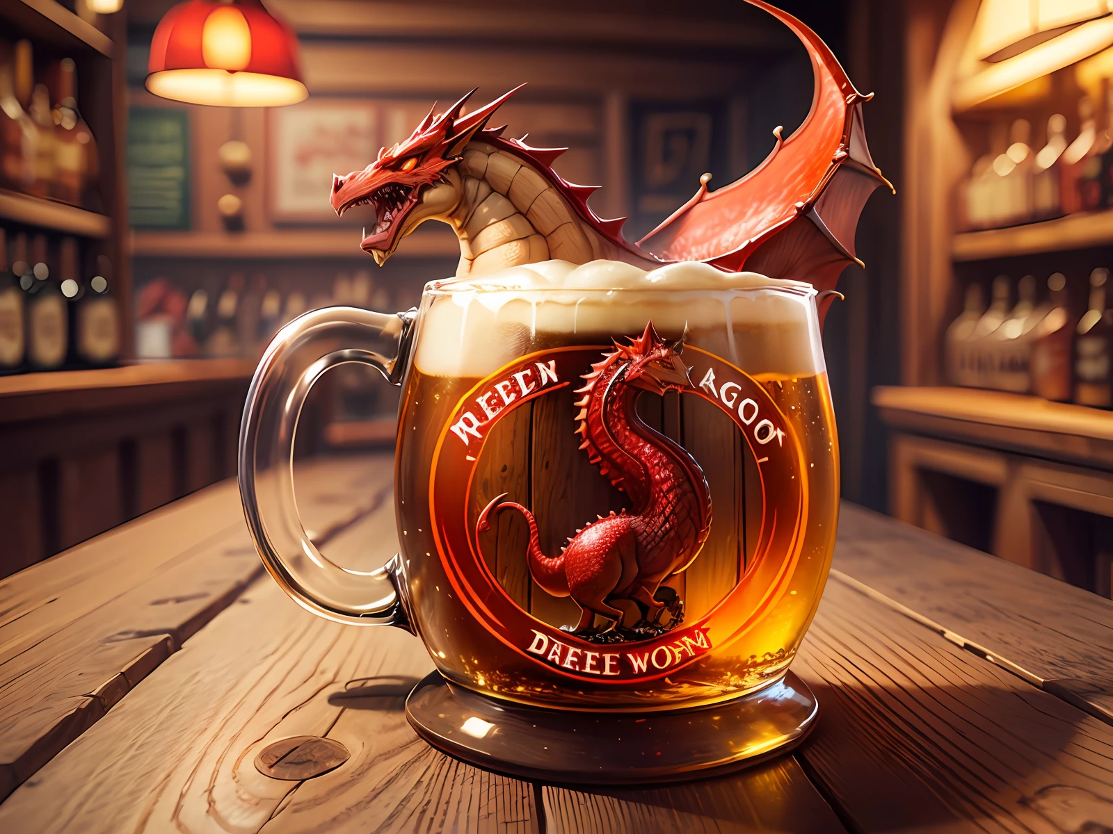 Red dragon holding a mug of beer. Logo. Tavern. --auto --s2