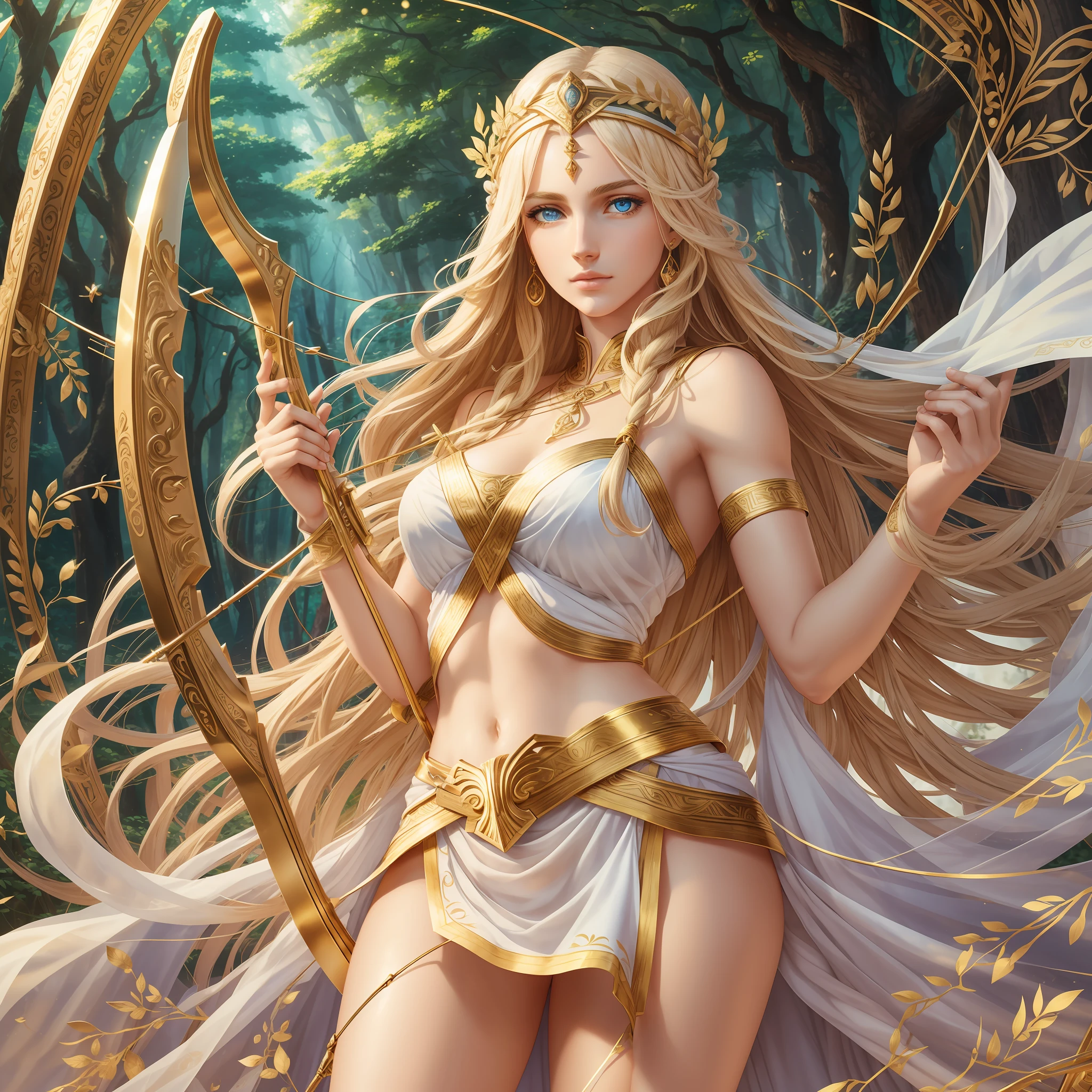 Greek goddess of wilderness and virginity, blue eyes, blond hair, fair skin, amazingly gorgeous, stern and determined, tall and slender, sleeveless very short Greek white tunic with golden borders, a pair of long perfect legs, archeress, holding a golden bow, archery, mythical Arcadian mountains and forests, photorealistic, super high quality, super detail, masterpiece, HDR, 4k --auto --s2