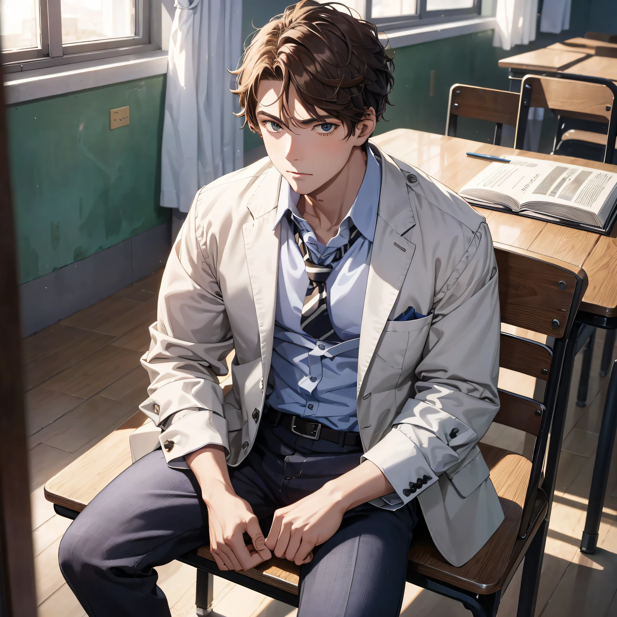 Absurd resolution, high resolution, (masterpiece: 1.4), hyperdetail, 1boy, mature man, brunette man, high school student dressed up, classroom, grim expression, full body photo, sitting, shocked and surprised expression