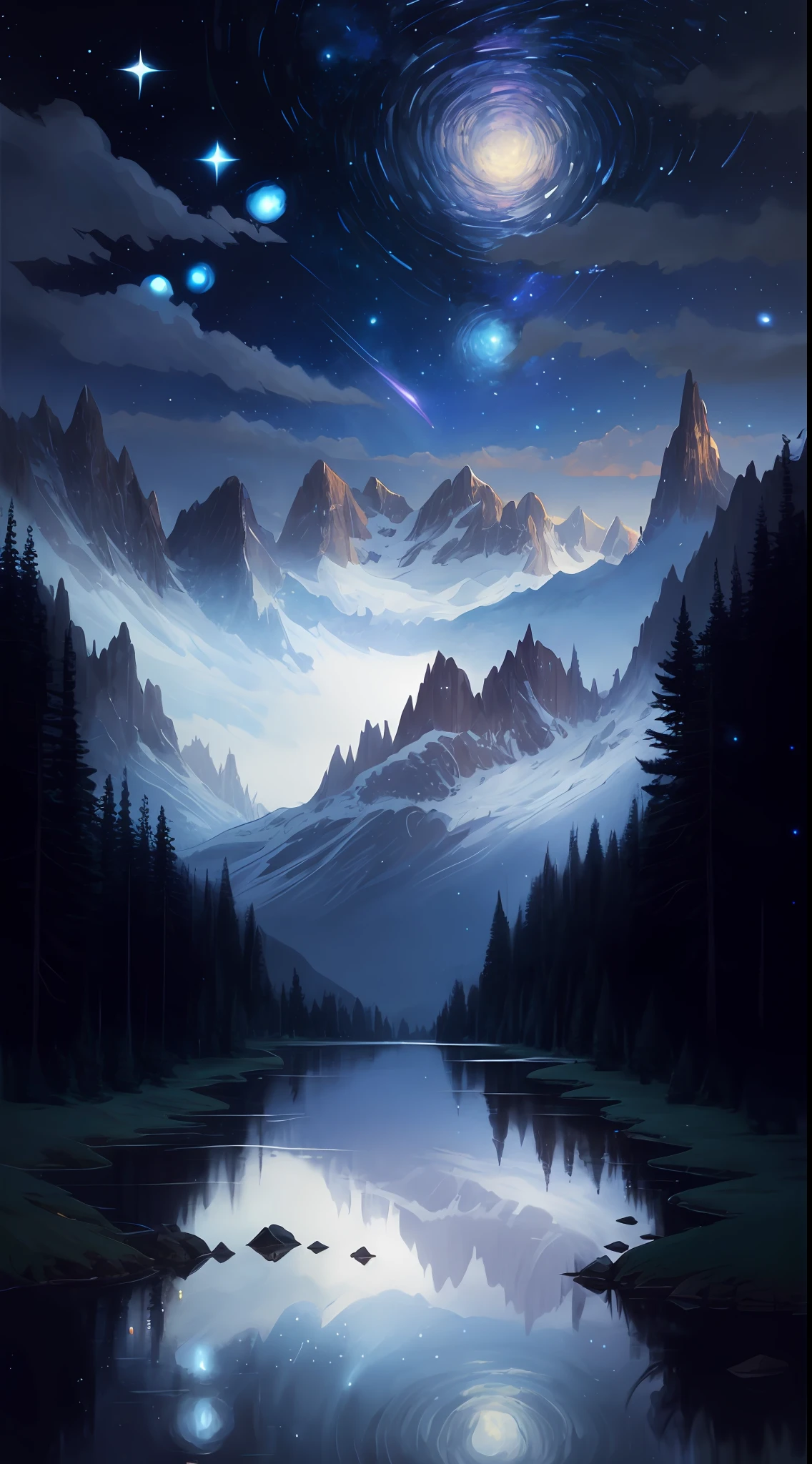 starry night landscape with lake and mountains, 4k highly detailed digital art, jen bartel, 8k high quality detailed art, dan mumford and albert bierstadt, highly detailed digital painting, 4k detailed digital art, 8k stunning artwork, dan mumford and thomas kinkade, detailed painting 4 k, anton fadeev and dan mumford, impressive fantasy landscape