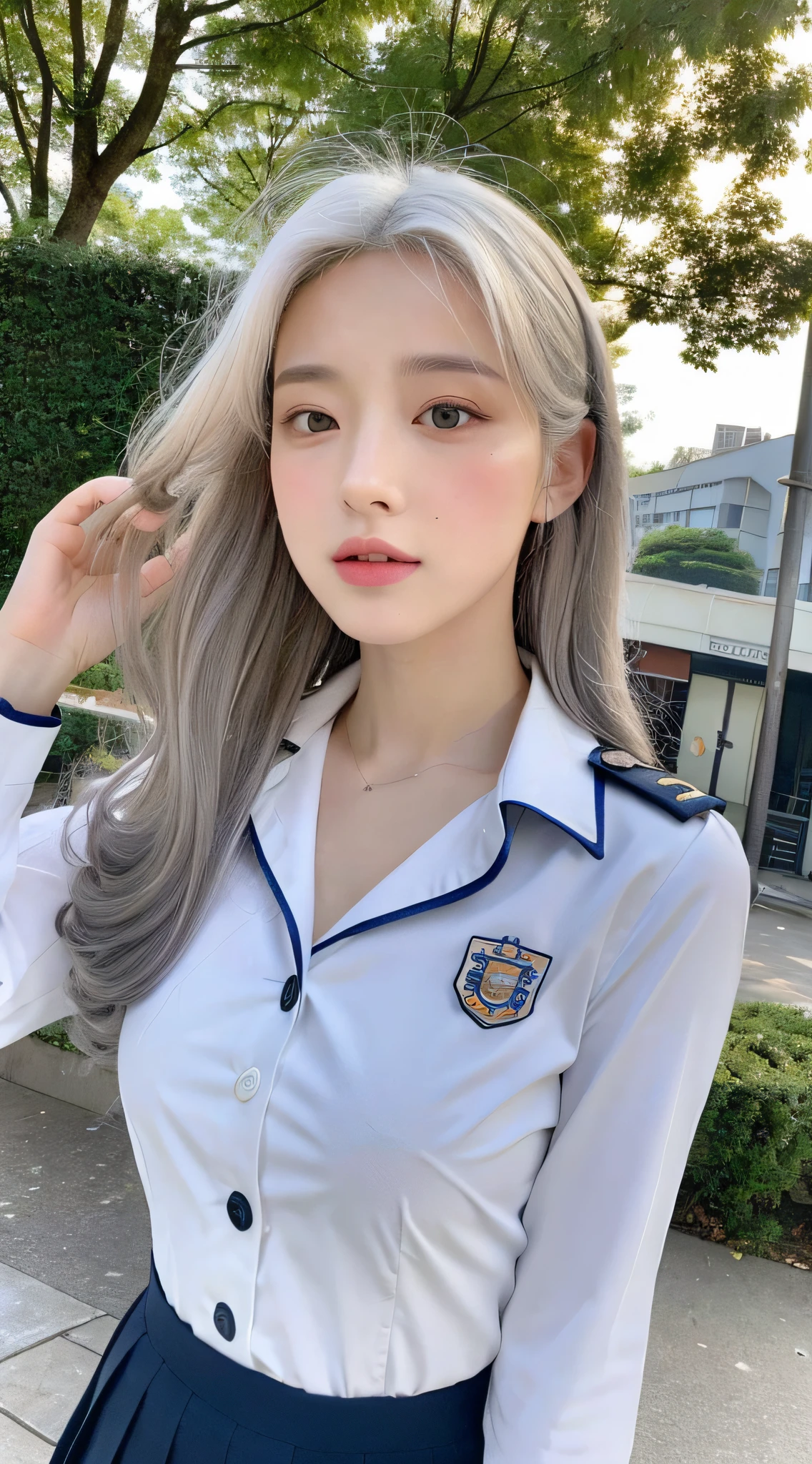 ((Realistic lighting, Best Quality, 8K, Masterpiece: 1.3)), Focus: 1.2, 1girl, Perfect Body Beauty: 1.4, Slim Abs: 1.1, ((White Hair, Milk: 1.3)), Imperial Sister Pose, (Outdoor, Daytime: 1.1), City Street, Super Fine Face, Fine Eyes, Double Eyelids, Curly Hair, Fair Skin, JK Uniform, Take Off Shirt