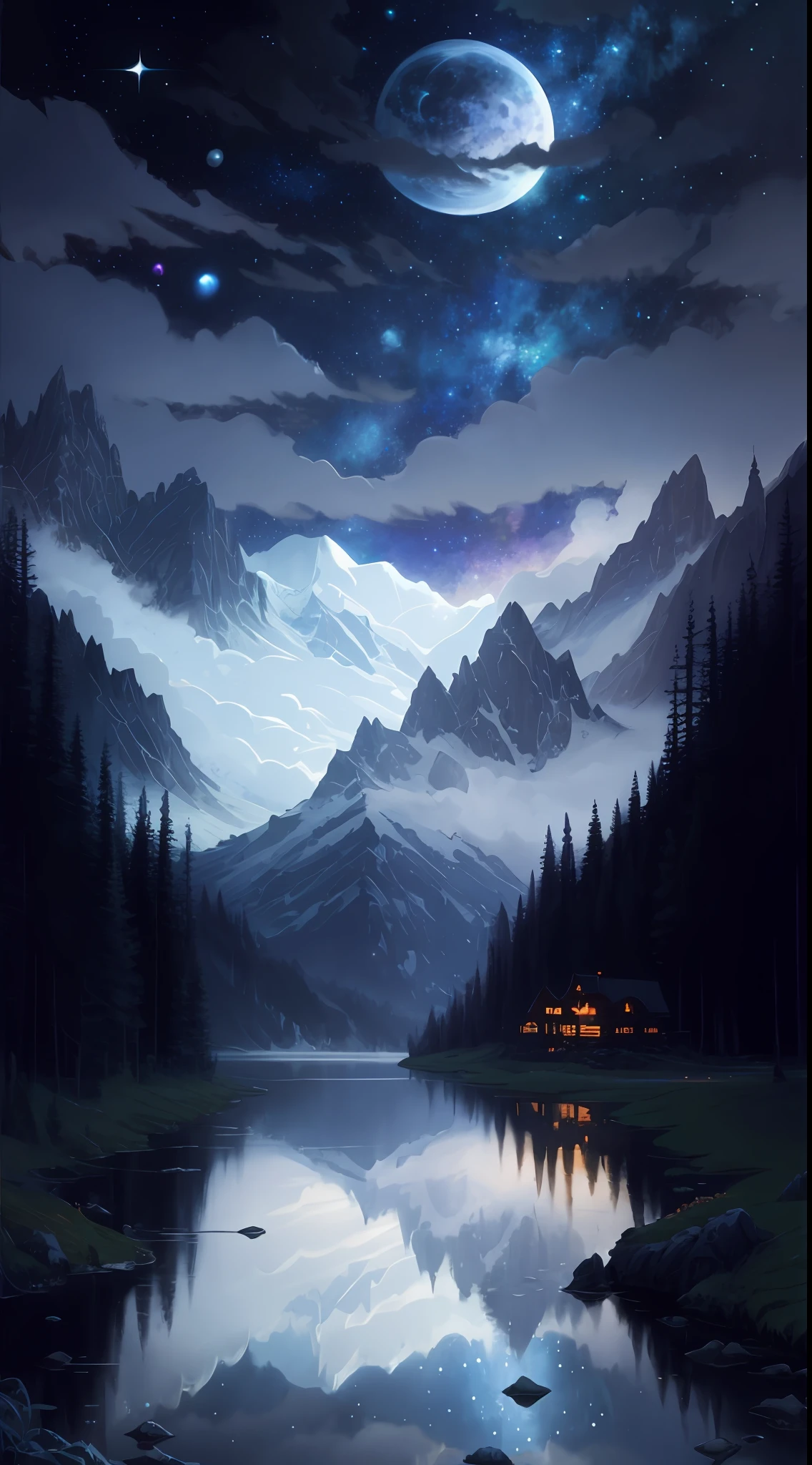 starry night landscape with lake and mountains, 4k highly detailed digital art, jen bartel, 8k high quality detailed art, dan mumford and albert bierstadt, highly detailed digital painting, 4k detailed digital art, 8k stunning artwork, dan mumford and thomas kinkade, detailed painting 4 k, anton fadeev and dan mumford, impressive fantasy landscape