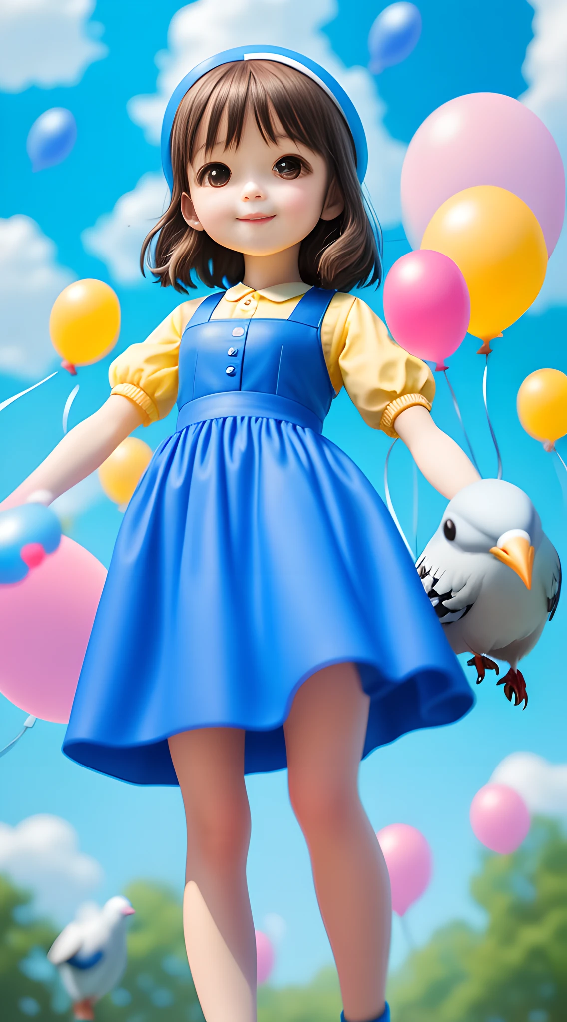 figure，girl with blue sky, zoo，pigeon, many balloons, happy, happy, perfect quality, clear focus, happy，detail face，pop mart style art