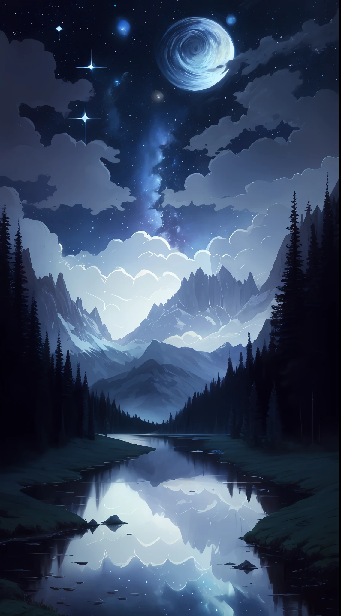 starry night landscape with lake and mountains, 4k highly detailed digital art, jen bartel, 8k high quality detailed art, dan mumford and albert bierstadt, highly detailed digital painting, 4k detailed digital art, 8k stunning artwork, dan mumford and thomas kinkade, detailed painting 4 k, anton fadeev and dan mumford, impressive fantasy landscape