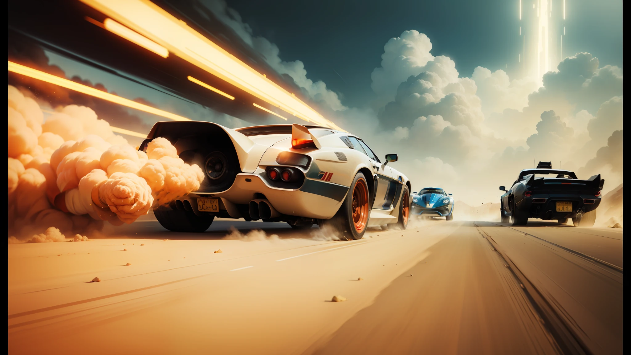 cars driving on a road with a lot of dust coming out of the back, promotional images, speed racer, by Itshak Holtz, skyfall, cinematic style photograph, by Vincent Lefevre, game icon asset, with a long, vehicle design, rocket ship, firestorm, blast, ad image --ar 16:9 --auto --s2