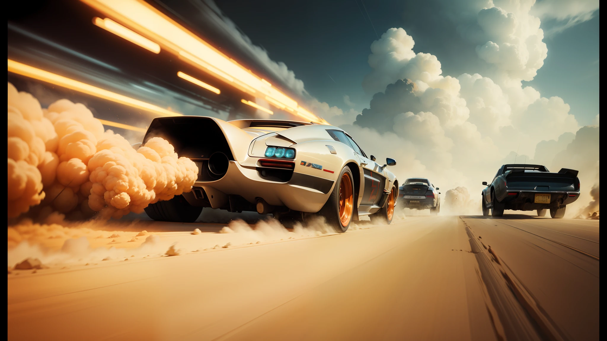 cars driving on a road with a lot of dust coming out of the back, promotional images, speed racer, by Itshak Holtz, skyfall, cinematic style photograph, by Vincent Lefevre, game icon asset, with a long, vehicle design, rocket ship, firestorm, blast, ad image --ar 16:9 --auto --s2