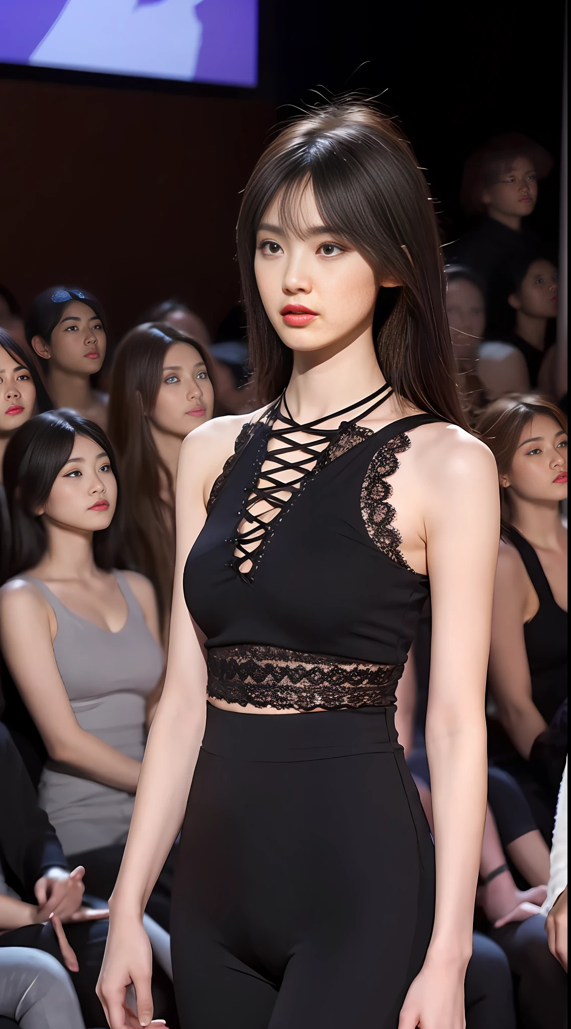 Realistic, realistic, warm tones, noise shift, 1 girl, upper body, straight, (looking at the audience), medium breasts, collarbone, black (front lace-up top), eye shadow, parted lips, (1_pureerosface_v1:0.3), slender waistline, bangs hairstyle, background, catwalk model, slim figure Full body photo, black leggings underneath, big breasts