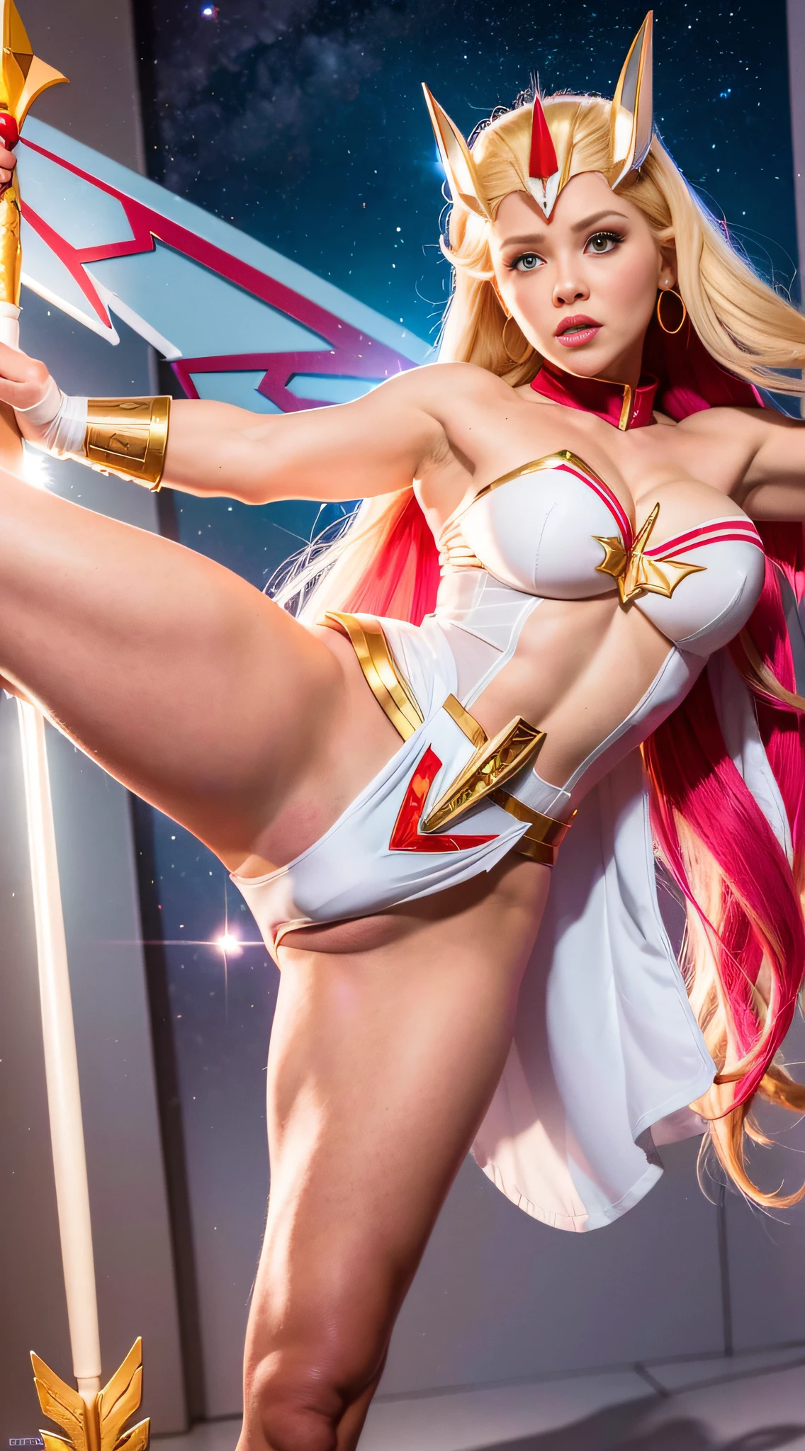 Full body photo of ((She-ra)), ((Princess of Power)), 30 year old blonde big chest, white flying skirt, white lycra panties, high kick, 85mm lens, EOS, 4k, exquisite detail, 4k, Canon EOS, 85mm lens, sharp focus, real textured skin,  allow nsfw images,