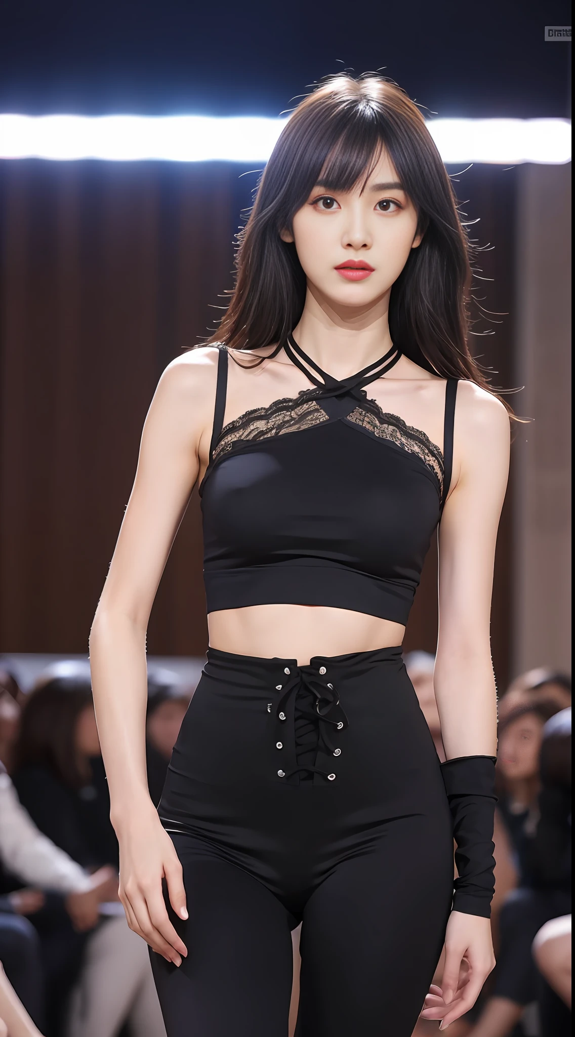 Realistic, realistic, warm tones, noise shift, 1 girl, upper body, straight, (looking at the audience), medium breasts, collarbone, black (front lace-up top), eye shadow, parted lips, (1_pureerosface_v1:0.3), slender waistline, bangs hairstyle, background, catwalk model, slim figure Full body photo, black leggings underneath, big breasts