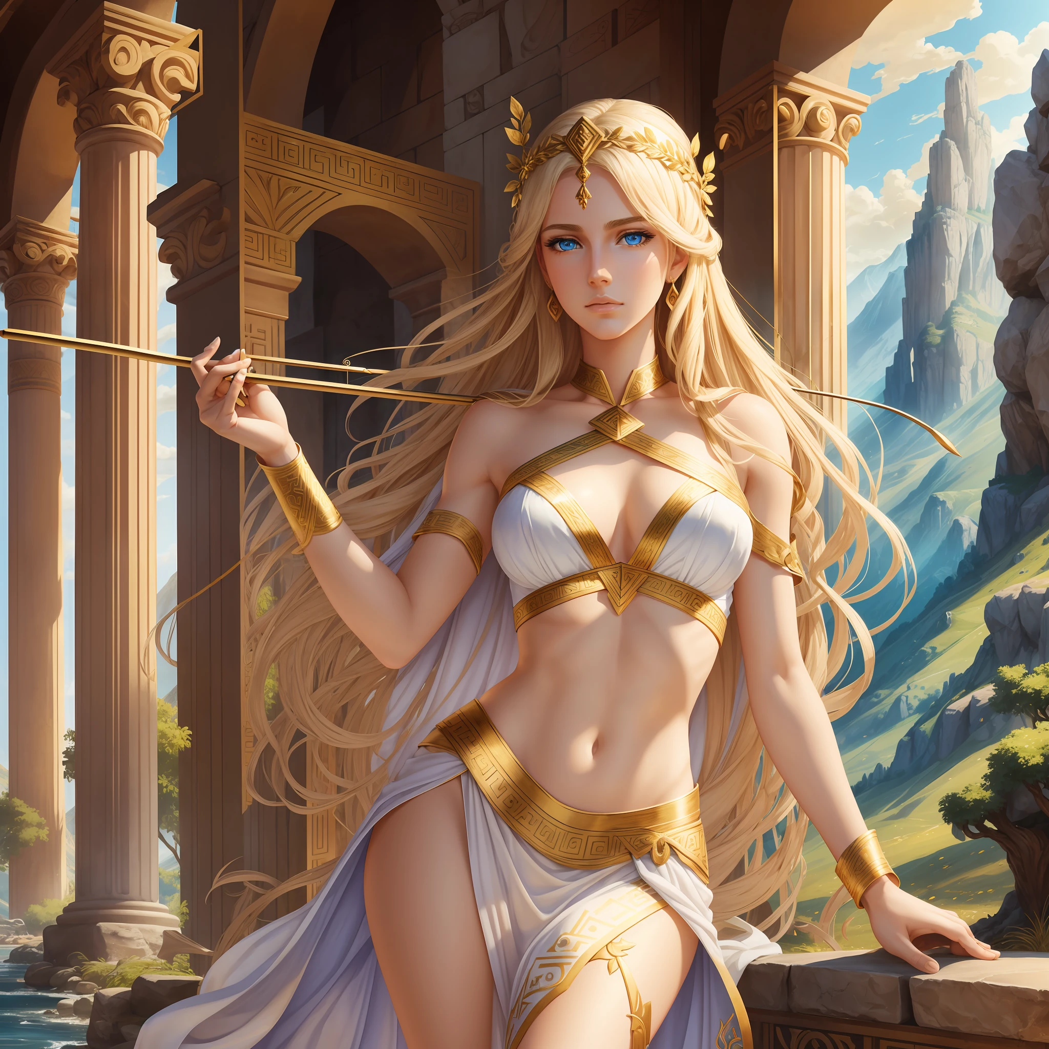 Greek goddess of wilderness and virginity, blue eyes, blond hair, fair skin, amazingly gorgeous, stern and determined, tall and slender, sleeveless very short Greek white tunic with golden borders, a pair of long perfect legs, archeress, holding a golden bow, archery, mythical Arcadian mountains and forests, photorealistic, super high quality, super detail, masterpiece, HDR, 4k --auto --s2