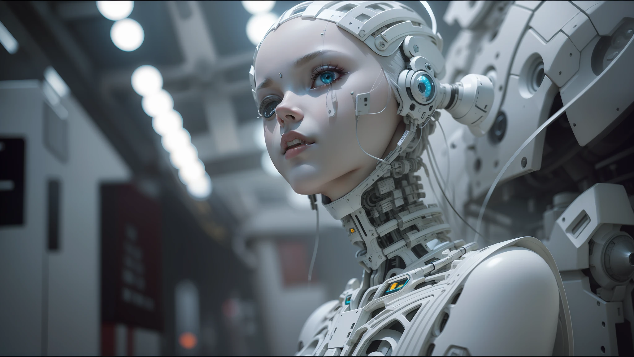 there is a woman with a head piece made of wires, white biomechanical details, vfx film closeup, beautiful android woman, futuristic suzuki, chris cunningham, hi - tech luciferian synthetic, ukrainian girl, connected to heart machines, japanese vfx, inspired by Konstantin Savitsky, louis royo --ar 16:9 --auto --s2