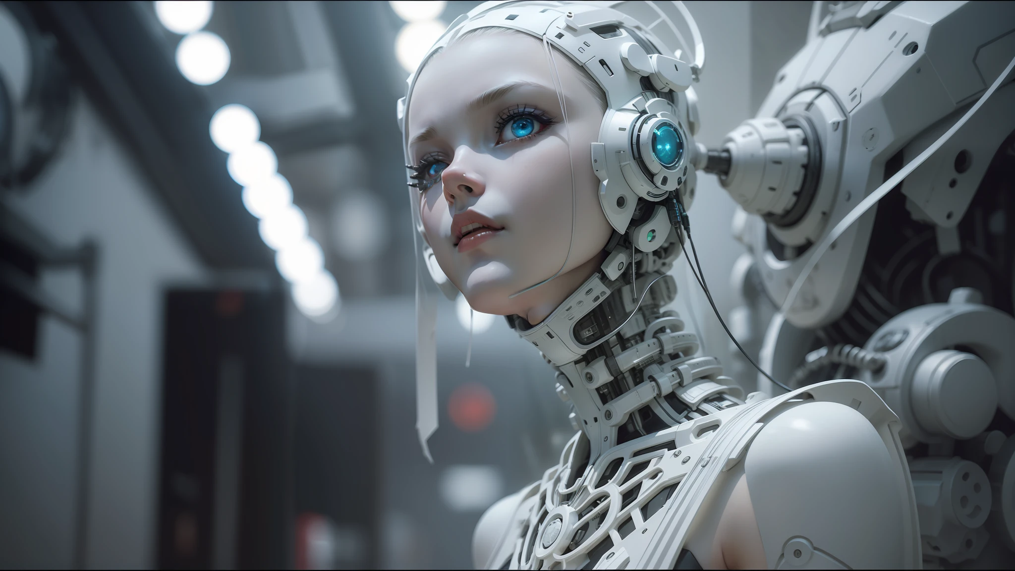 there is a woman with a head piece made of wires, white biomechanical details, vfx film closeup, beautiful android woman, futuristic suzuki, chris cunningham, hi - tech luciferian synthetic, ukrainian girl, connected to heart machines, japanese vfx, inspired by Konstantin Savitsky, louis royo --ar 16:9 --auto --s2