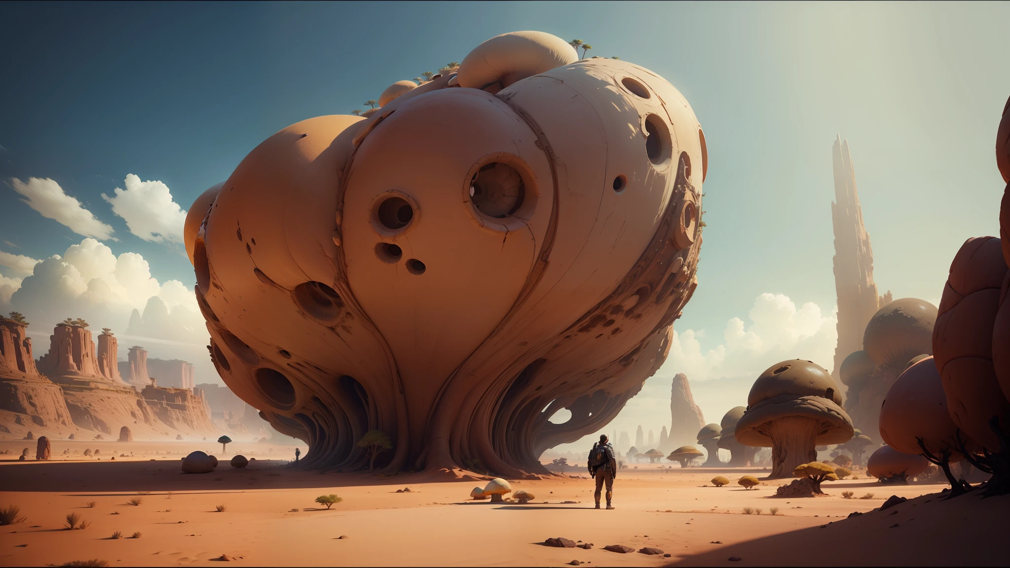 there is a man standing in front of a giant mushroom in the desert, unreal engine 5 showcase, emmanuel shiu, baobab tree, depicted as a scifi scene, video game screenshot, shot on anamorphic lenses, atlantis the lost empire, by Eglon van der Neer, dune (2021) --auto --s2