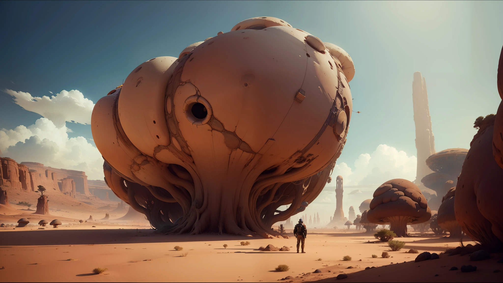 there is a man standing in front of a giant mushroom in the desert, unreal engine 5 showcase, emmanuel shiu, baobab tree, depicted as a scifi scene, video game screenshot, shot on anamorphic lenses, atlantis the lost empire, by Eglon van der Neer, dune (2021) --auto --s2