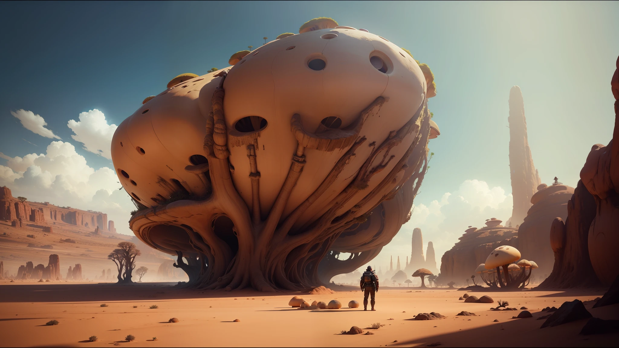 there is a man standing in front of a giant mushroom in the desert, unreal engine 5 showcase, emmanuel shiu, baobab tree, depicted as a scifi scene, video game screenshot, shot on anamorphic lenses, atlantis the lost empire, by Eglon van der Neer, dune (2021) --auto --s2