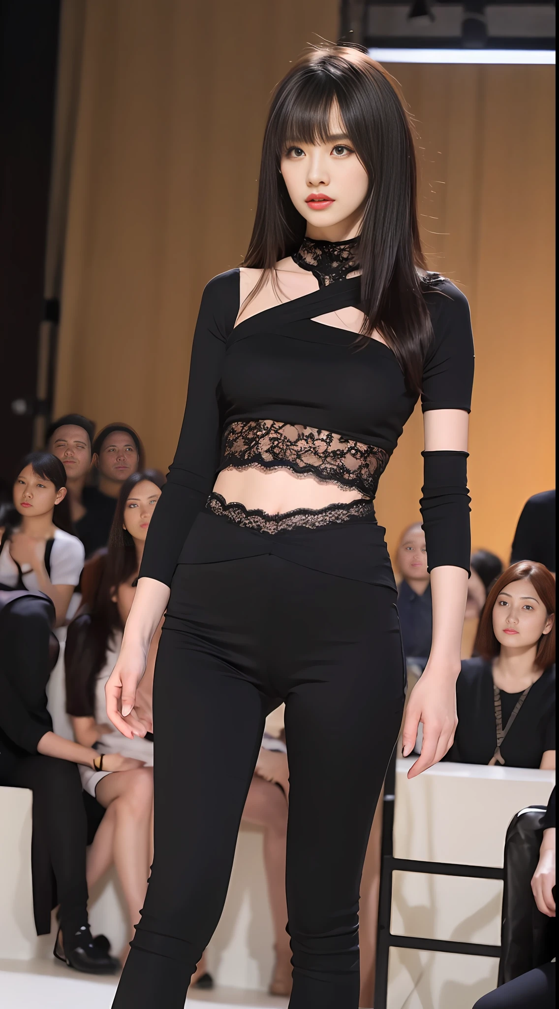 Realistic, realistic, warm tones, noise shift, 1 girl, upper body, straight, (looking at the audience), medium breasts, collarbone, black (front lace-up top), eye shadow, parted lips, (1_pureerosface_v1:0.3), slender waistline, bangs hairstyle, background, catwalk model, slim figure Full body photo, black leggings underneath, big breasts