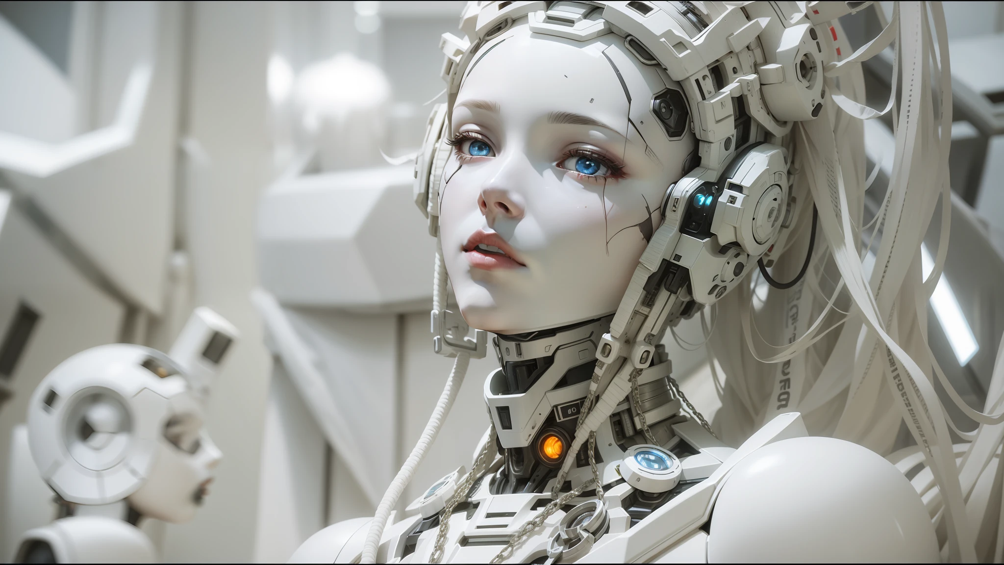 there is a white mannequin with a head and a chain around it, movie still of a cyborg, ”beautiful anime woman", cgsociety, benevolent android necromancer, lossless, by Arthur Webster Emerson, movie screencap, sleek robot, highly detailed closeup, dvd screencapture, gloss --ar 16:9 --auto --s2