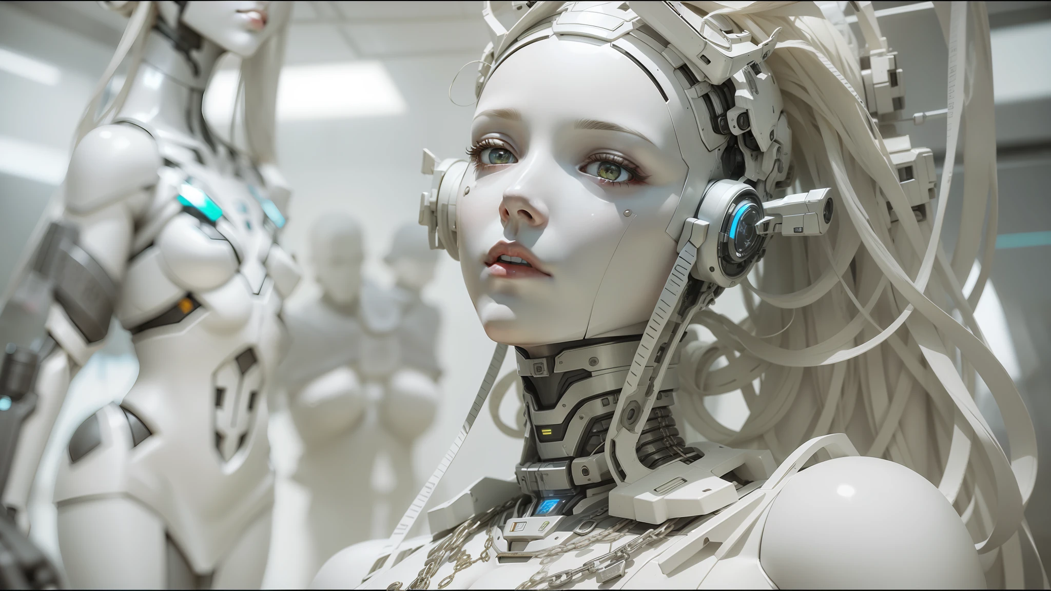 there is a white mannequin with a head and a chain around it, movie still of a cyborg, ”beautiful anime woman", cgsociety, benevolent android necromancer, lossless, by Arthur Webster Emerson, movie screencap, sleek robot, highly detailed closeup, dvd screencapture, gloss --ar 16:9 --auto --s2