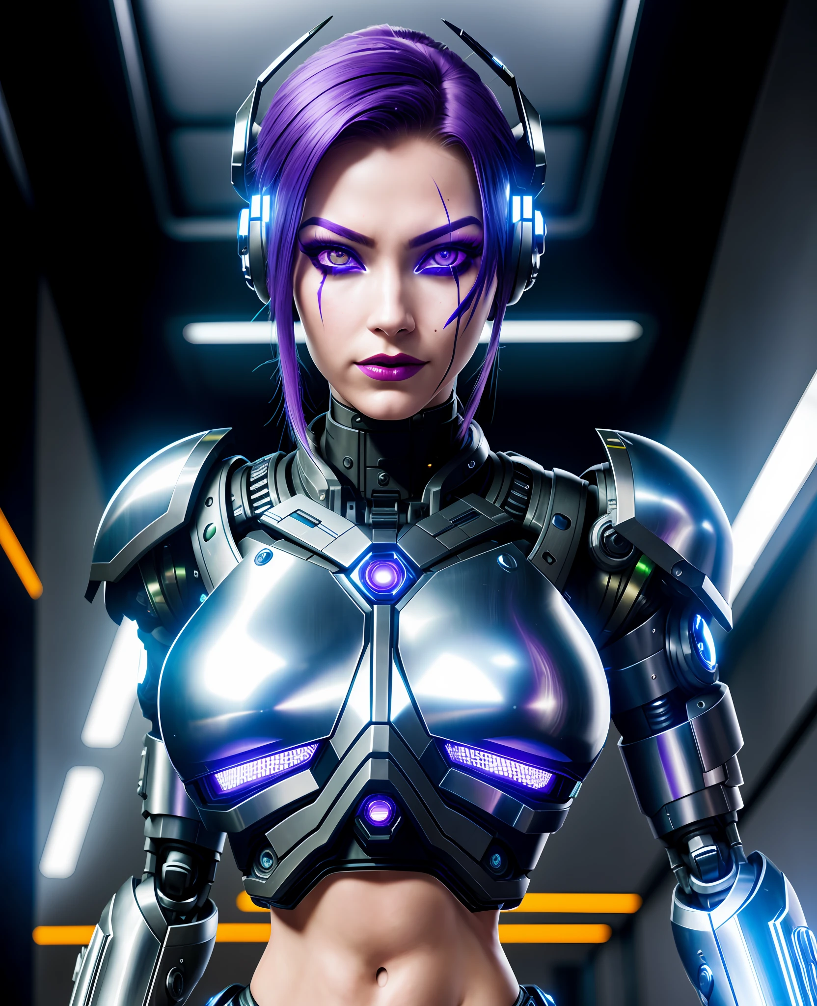 best quality, high detail, 4K, robot girl (cyberpunk), big breasts, thick detailed tattoos on the eyes, face and body, scar passing through the left eye separation of facial segments, purple hair (with a metallic sheen), bionic jaw, cyborg girl, large cybernetic eyes (black sclera of the eyes), hard circle of eyes, lipstick on the lips, bionic armor, futuristic helmet, masterpiece, skin damage