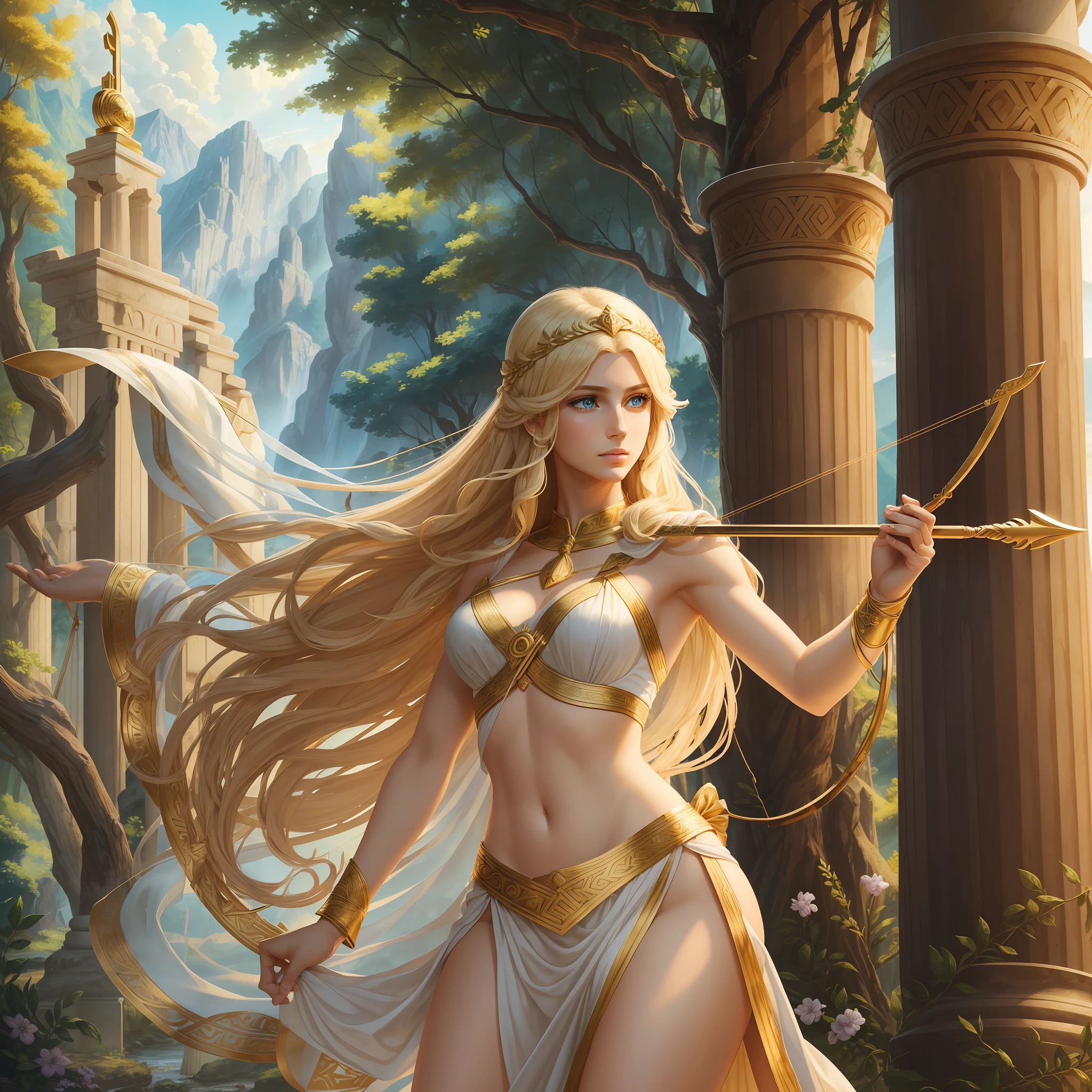 Greek goddess of wilderness and virginity, blue eyes, blond hair, fair skin, amazingly gorgeous, stern and determined, tall and slender, sleeveless very short Greek white tunic with golden borders, a pair of long perfect legs, archeress, holding a golden bow, archery, mythical Arcadian mountains and forests, photorealistic, super high quality, super detail, masterpiece, HDR, 4k --auto --s2