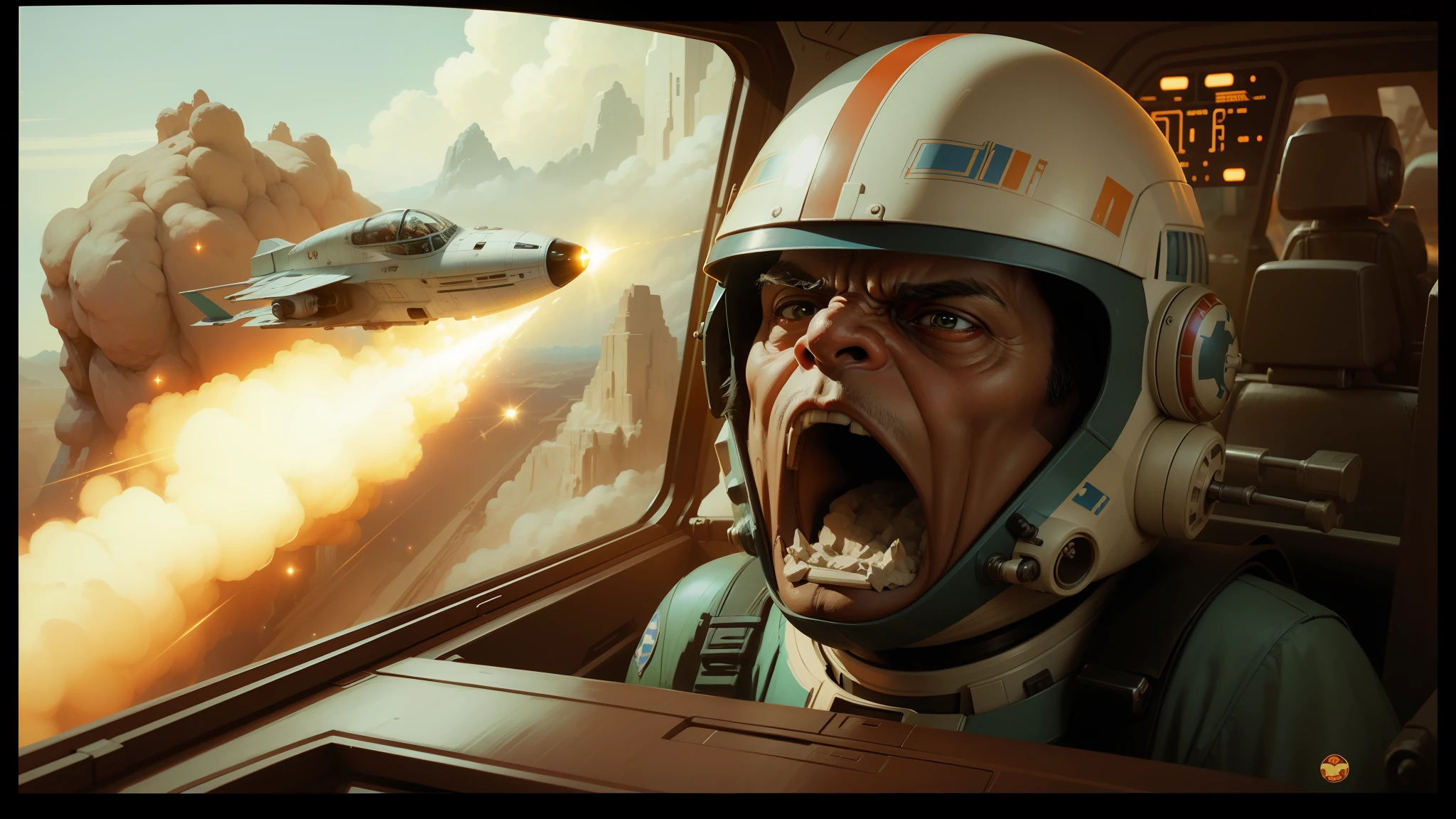arafed looking man in a space suit with a rocket in the background, yoda fantasy art portrait, car chase, by François Boquet, anamorphic illustration, an angry expression, great character design, wearing winged helmet, wes anderson film screenshot, racers, scarab, inspired by Thomas Blackshear, charli bowater and artgeem, shouting, starwars --ar 16:9 --auto --s2