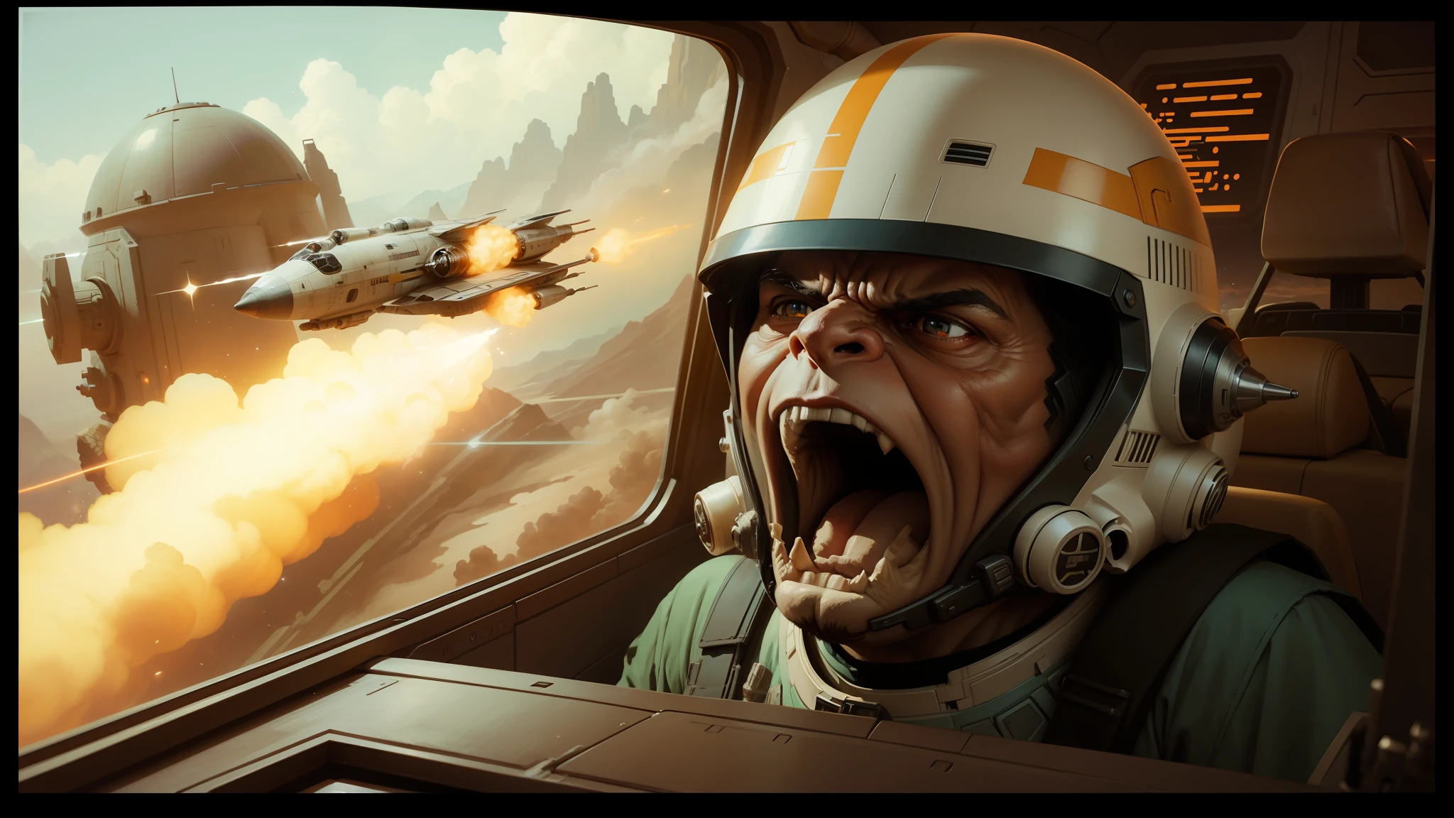 arafed looking man in a space suit with a rocket in the background, yoda fantasy art portrait, car chase, by François Boquet, anamorphic illustration, an angry expression, great character design, wearing winged helmet, wes anderson film screenshot, racers, scarab, inspired by Thomas Blackshear, charli bowater and artgeem, shouting, starwars --ar 16:9 --auto --s2